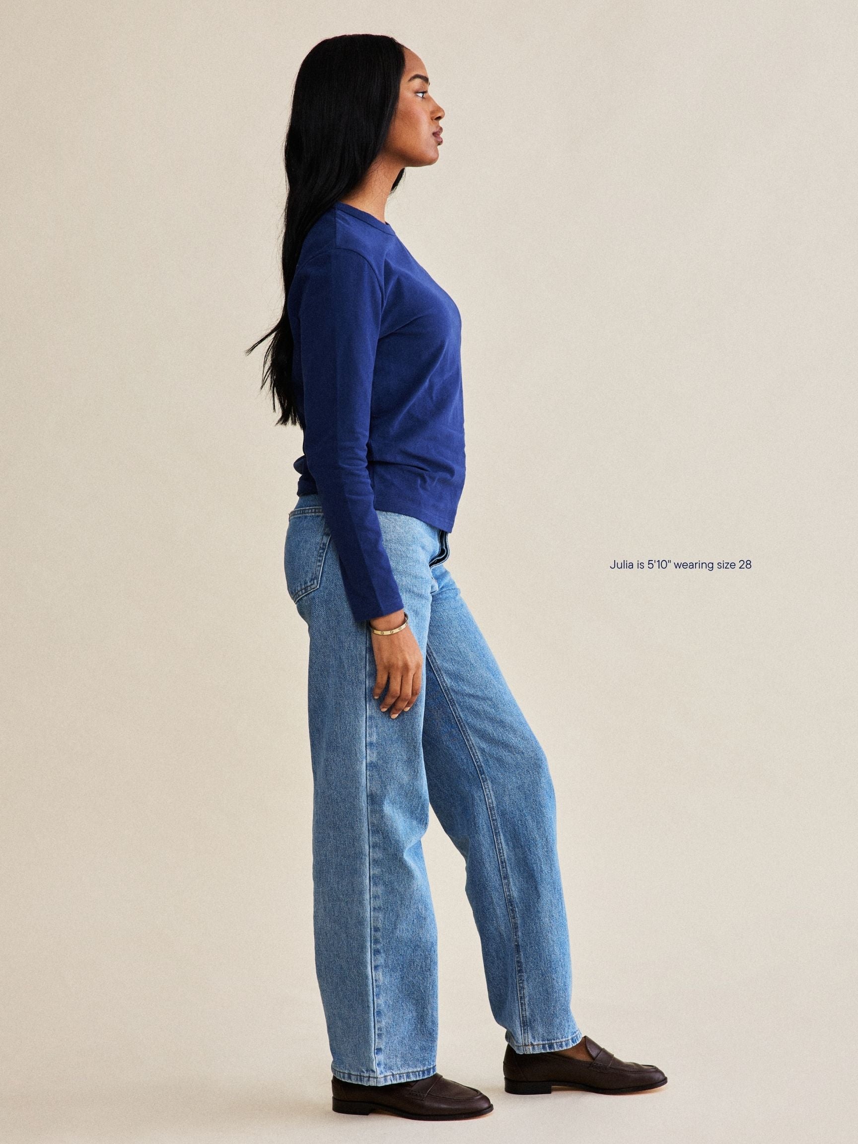 girl wearing classic straight jean -vintage wash