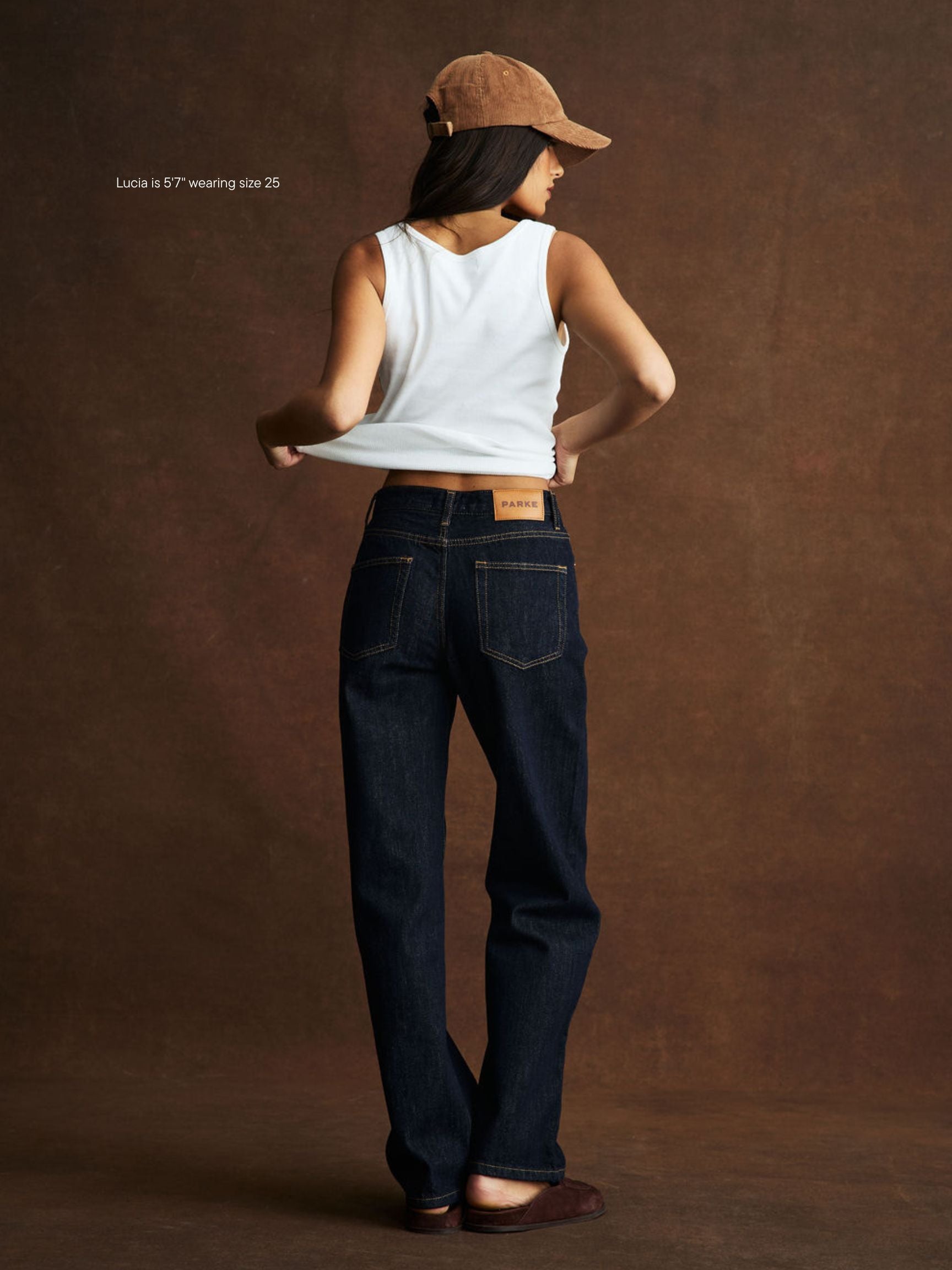 girl wearing classic straight jean -dark wash