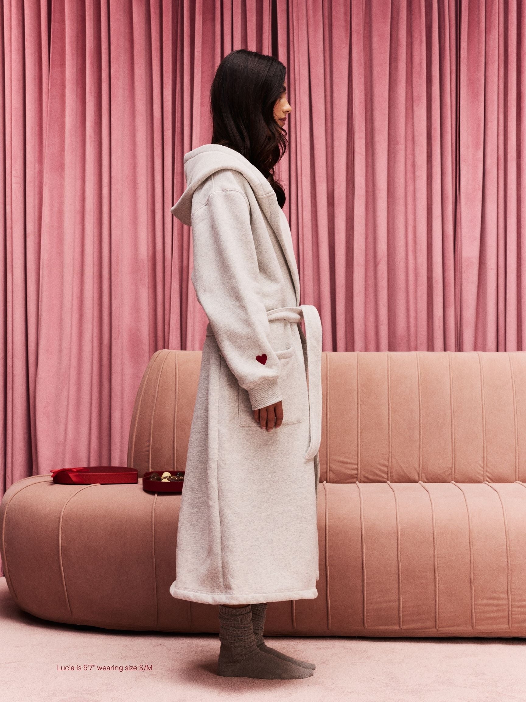 girl wearing Valentine's Day Robe -classic grey