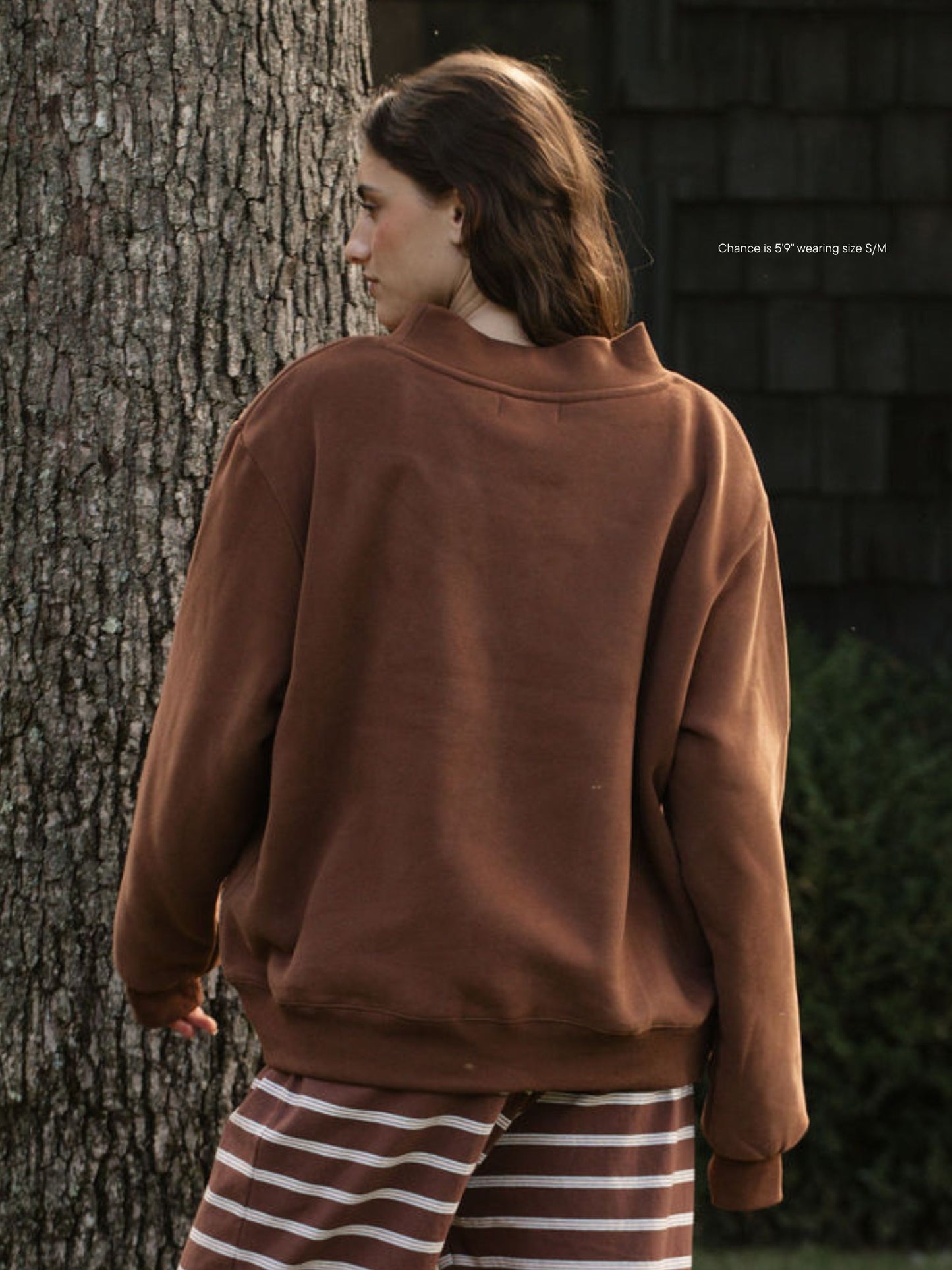 girl wearing hometown varsity mockneck -mocha + cloud