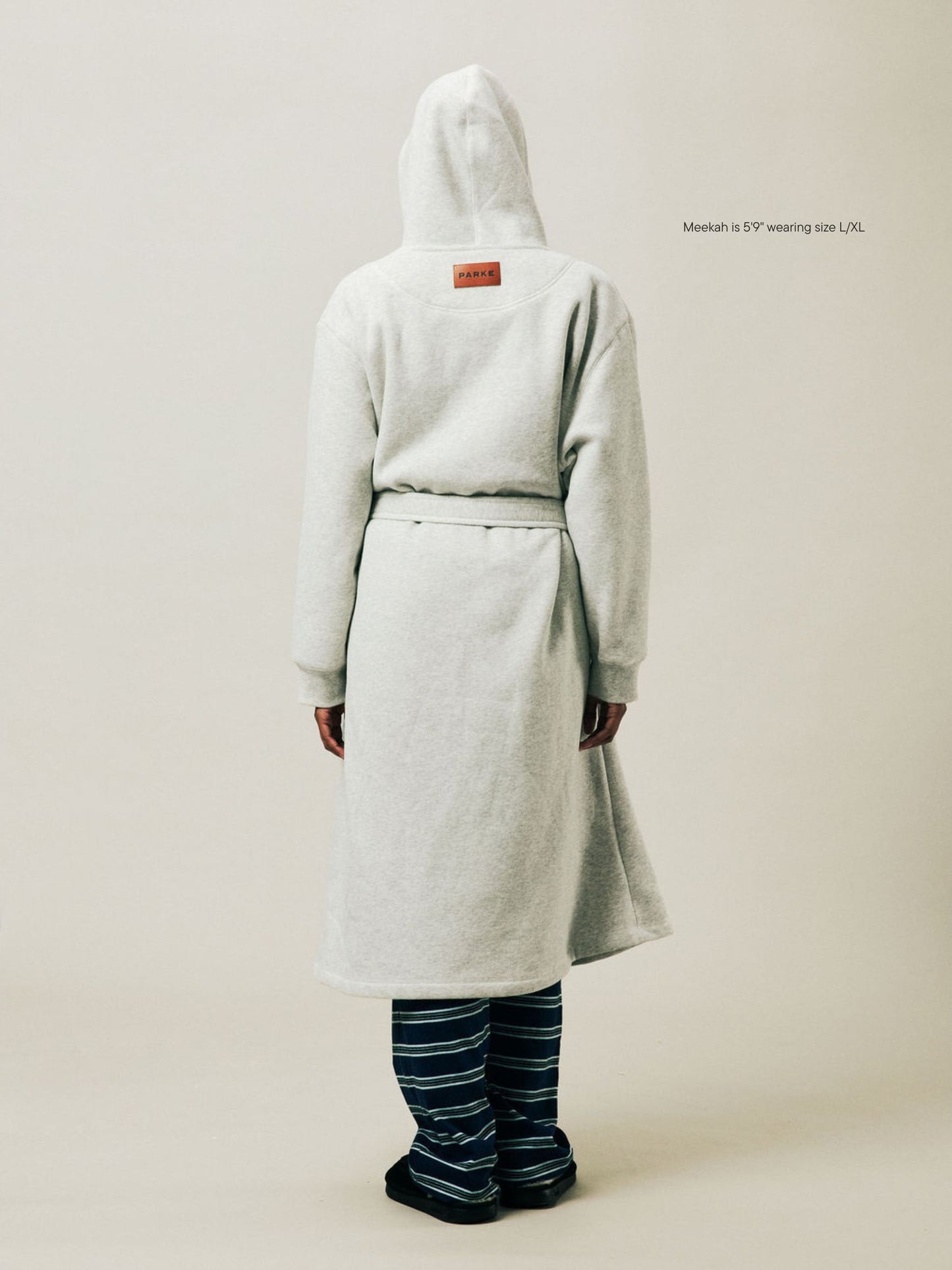 girl wearing Holiday Robe -classic grey