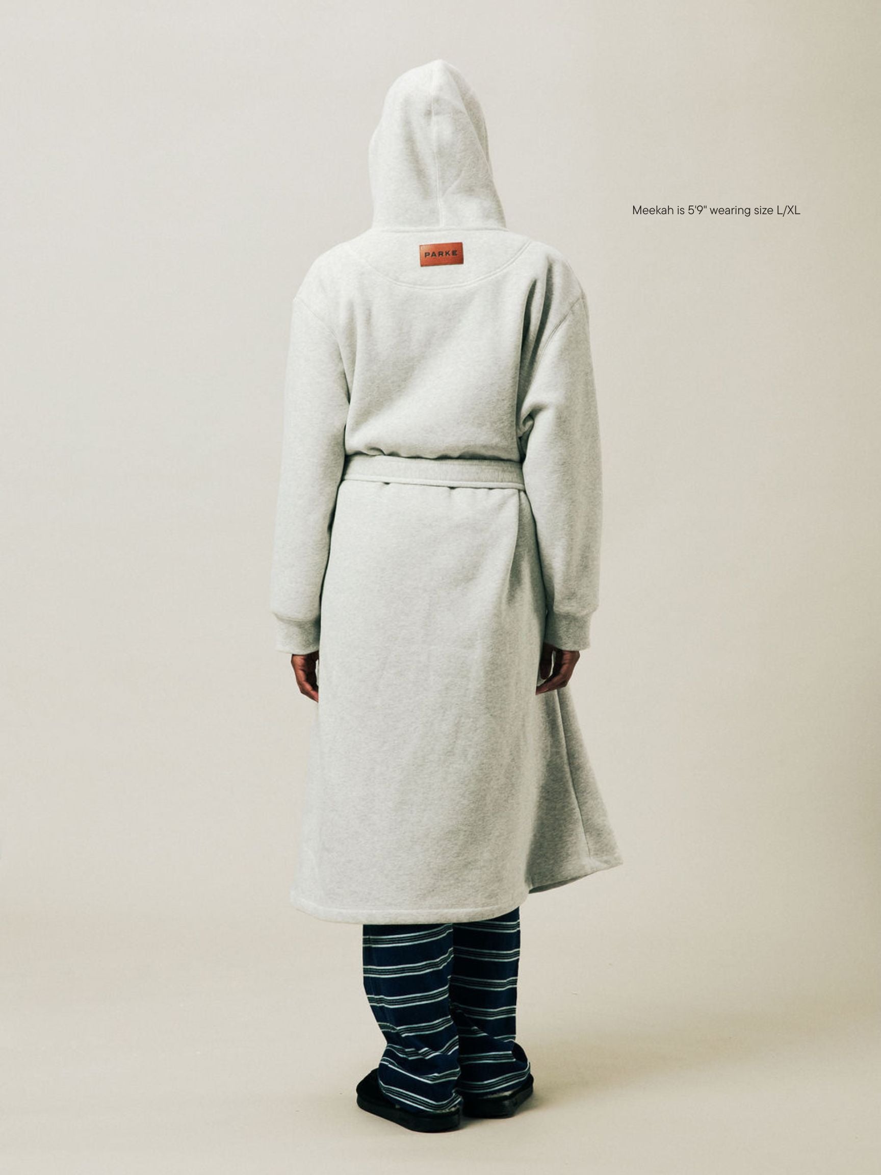 girl wearing Holiday Robe -classic grey