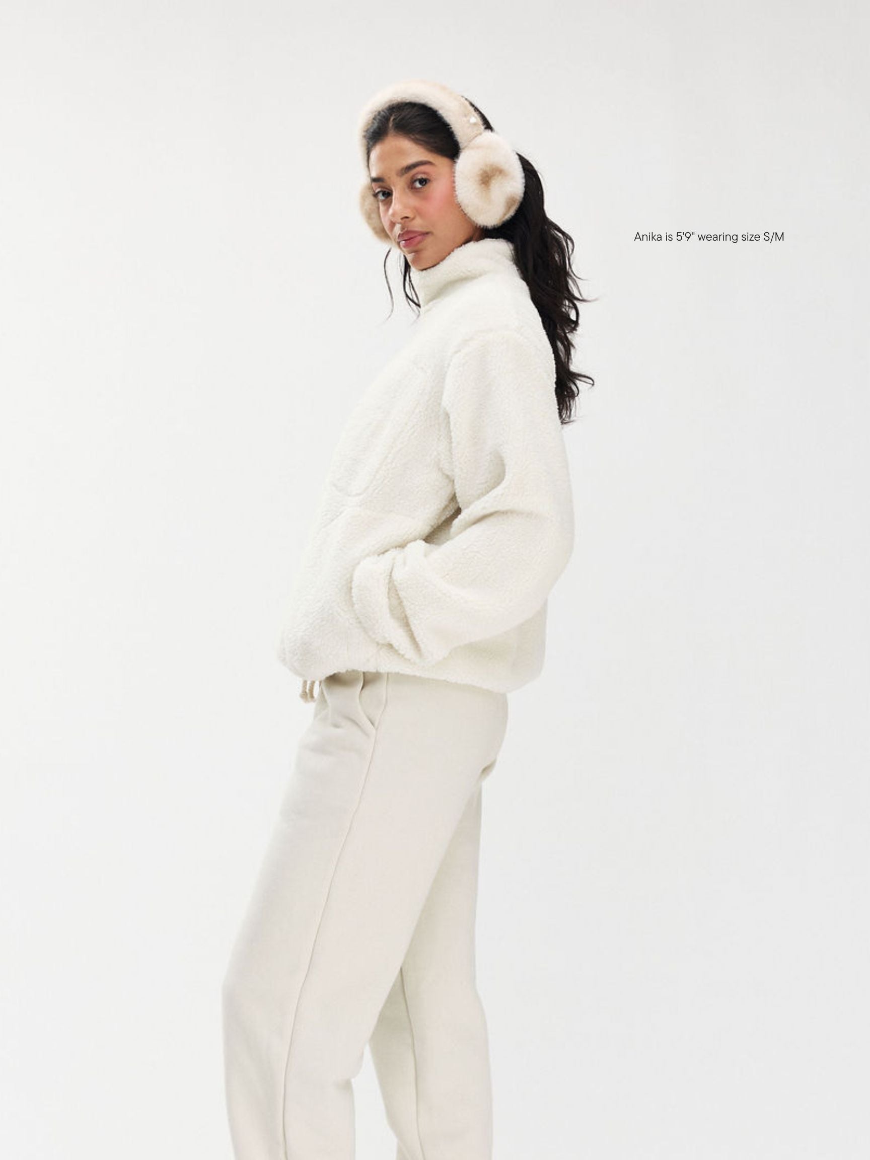 girl wearing Quarter Zip Fleece Pullover -oat