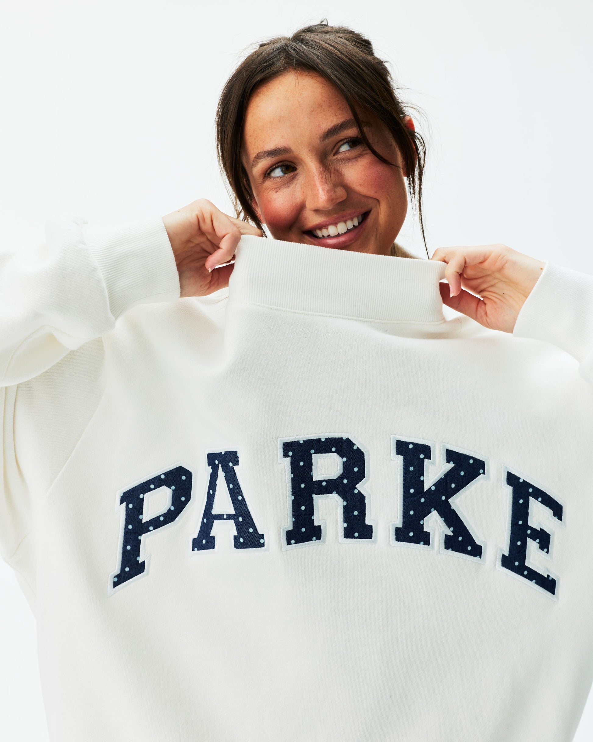 Preorder Polka Dot Letter Varsity Mockneck - White