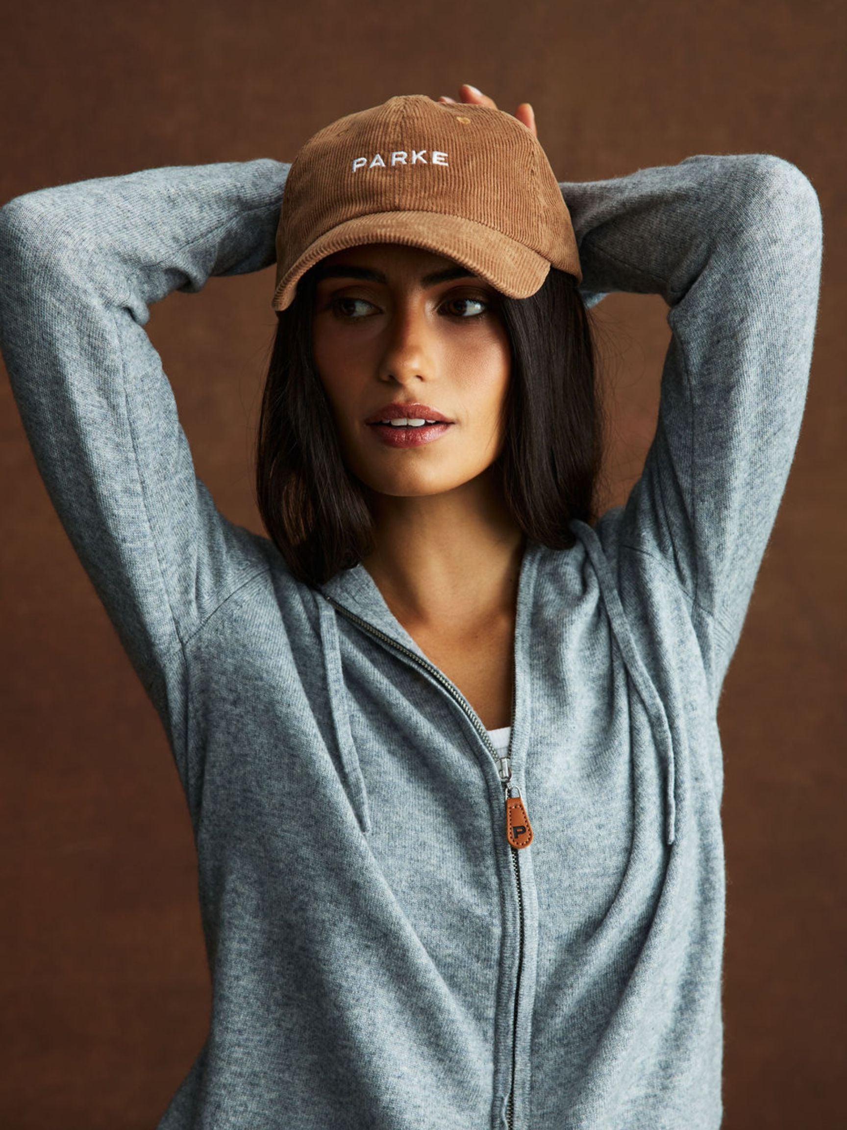 girl wearing Corduroy Baseball Hat -caramel corduroy