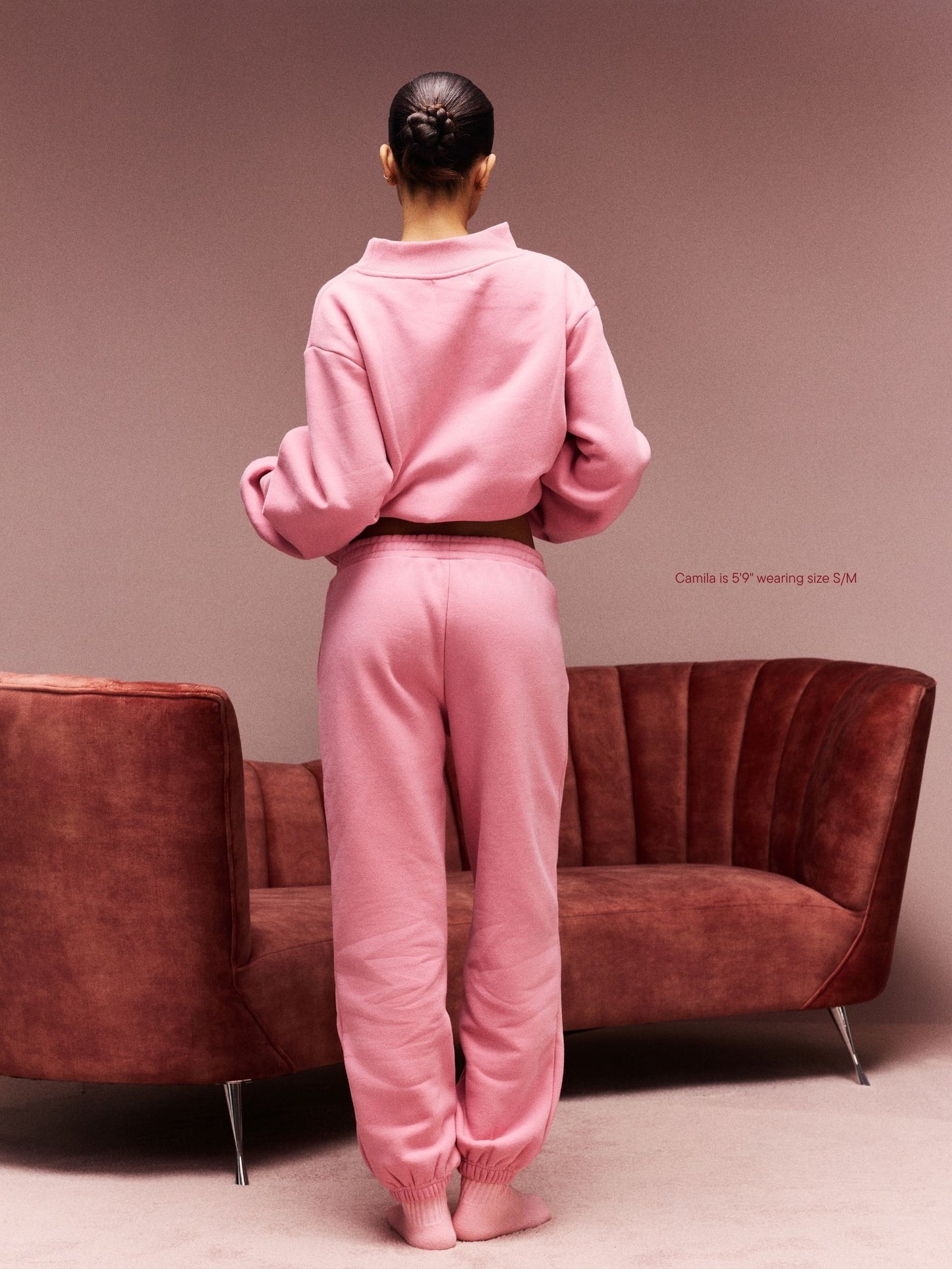 girl wearing Drawstring Unisex Sweatpants -blush