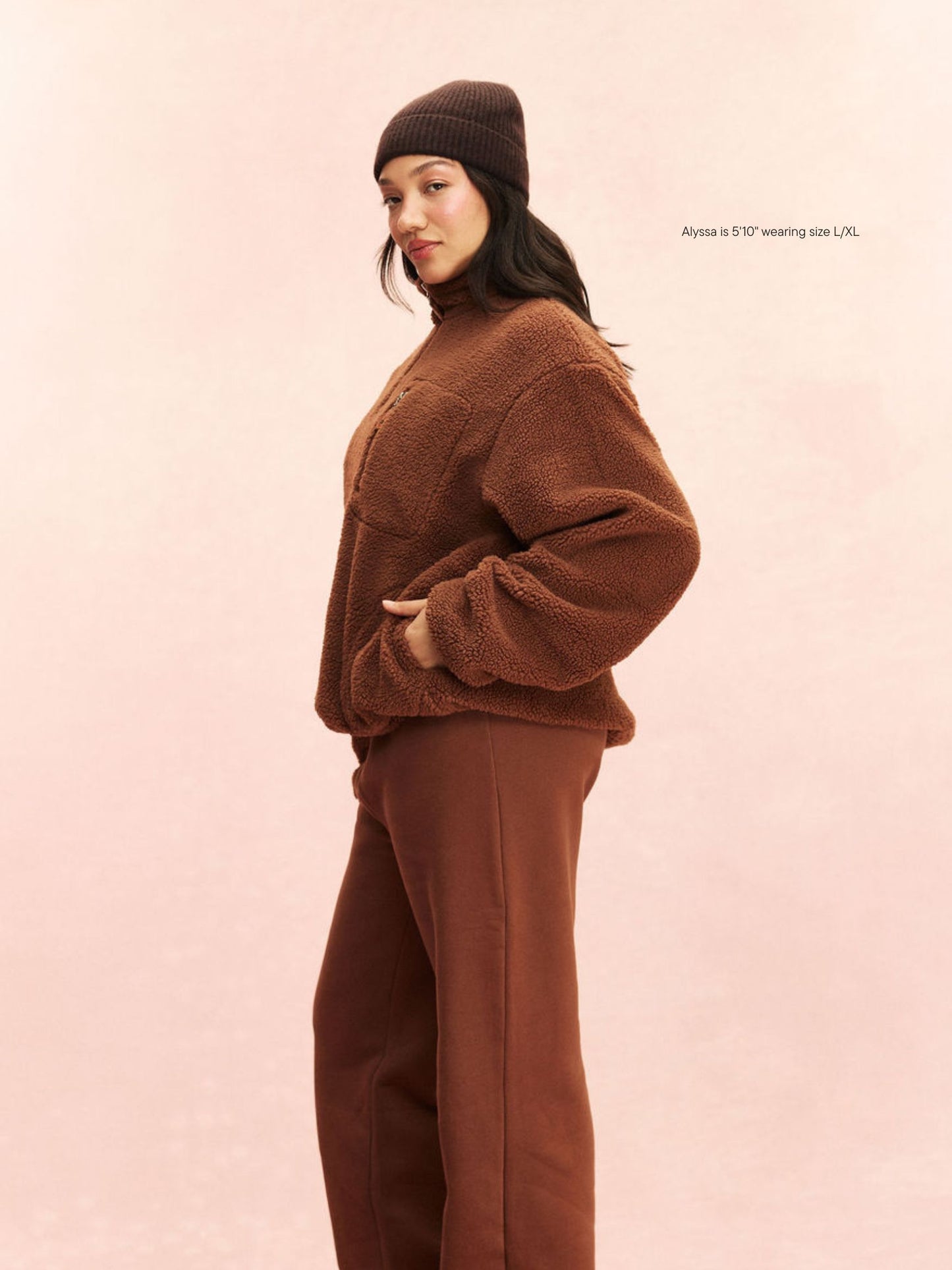 girl wearing Quarter Zip Fleece Pullover -mocha