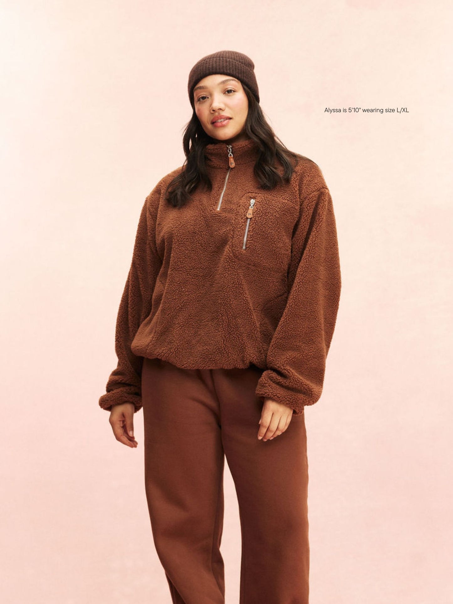 girl wearing Quarter Zip Fleece Pullover -mocha