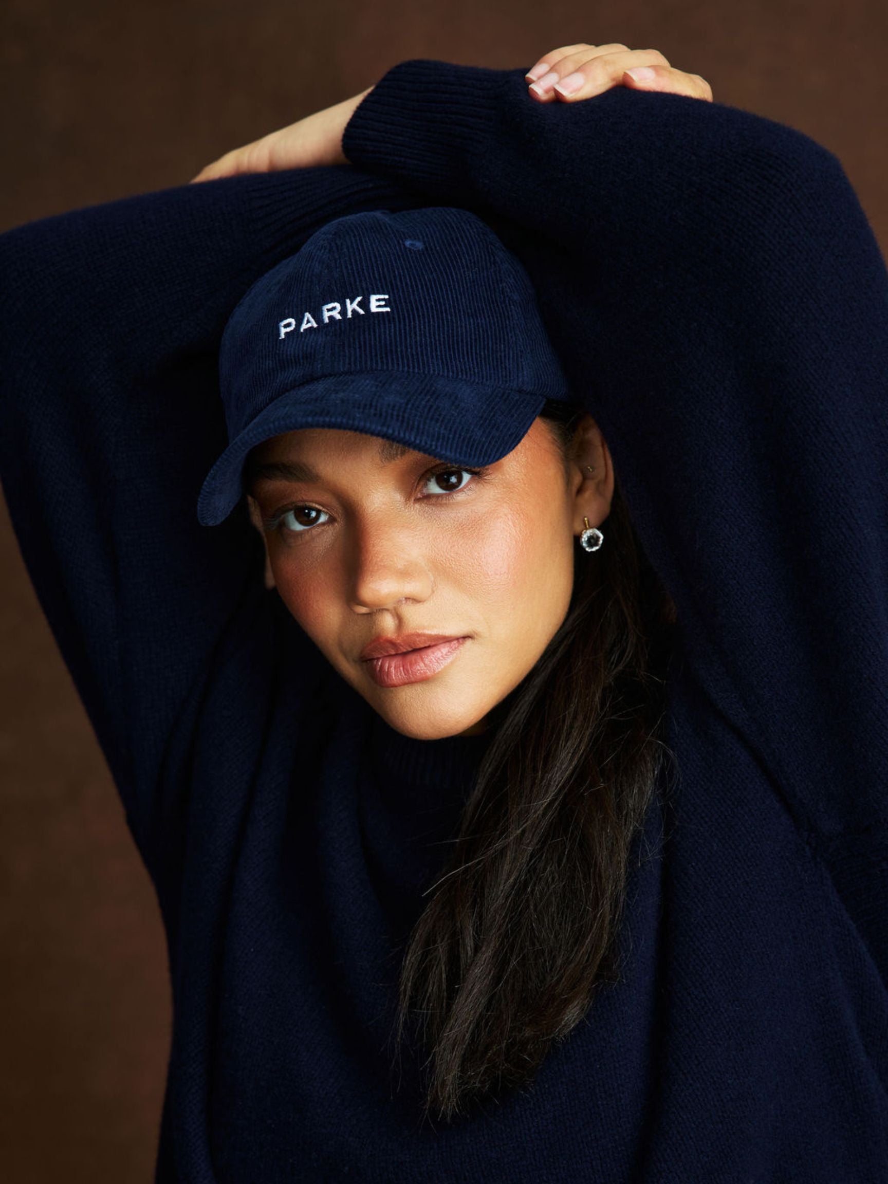 girl wearing Corduroy Baseball Hat -navy corduroy