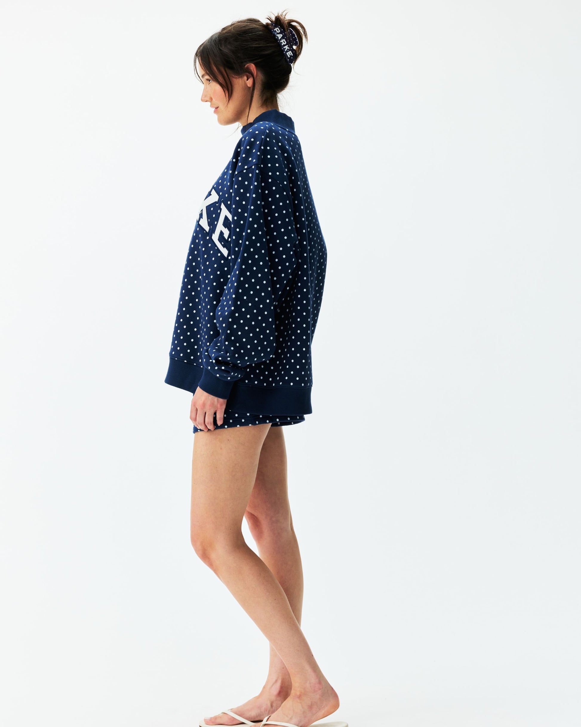 Preorder Polka Dot Varsity Mockneck - Denim Polka Dot