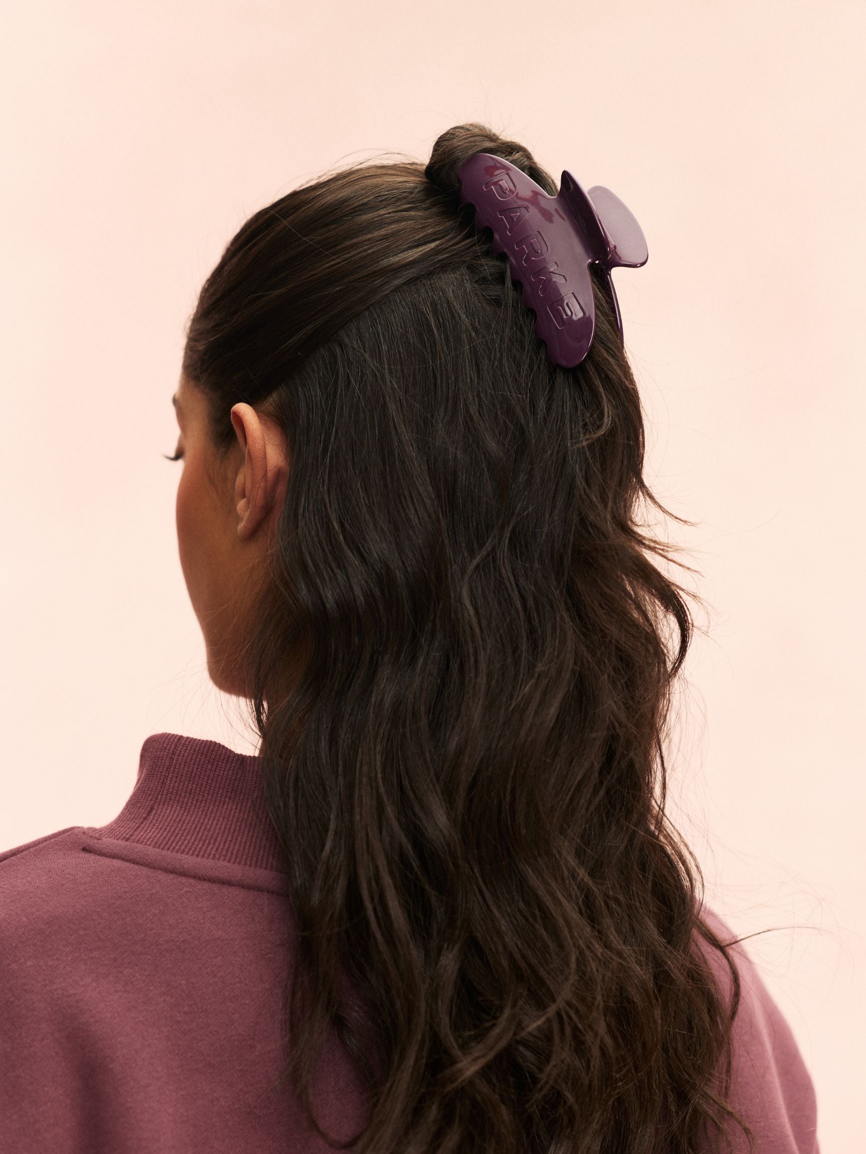girl wearing Tonal Claw Clip -eggplant