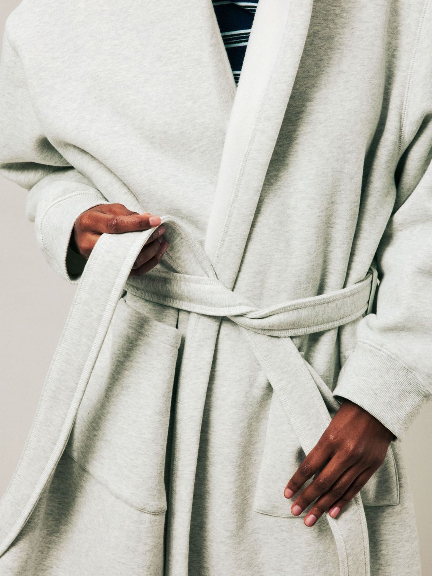 girl wearing Holiday Robe -classic grey
