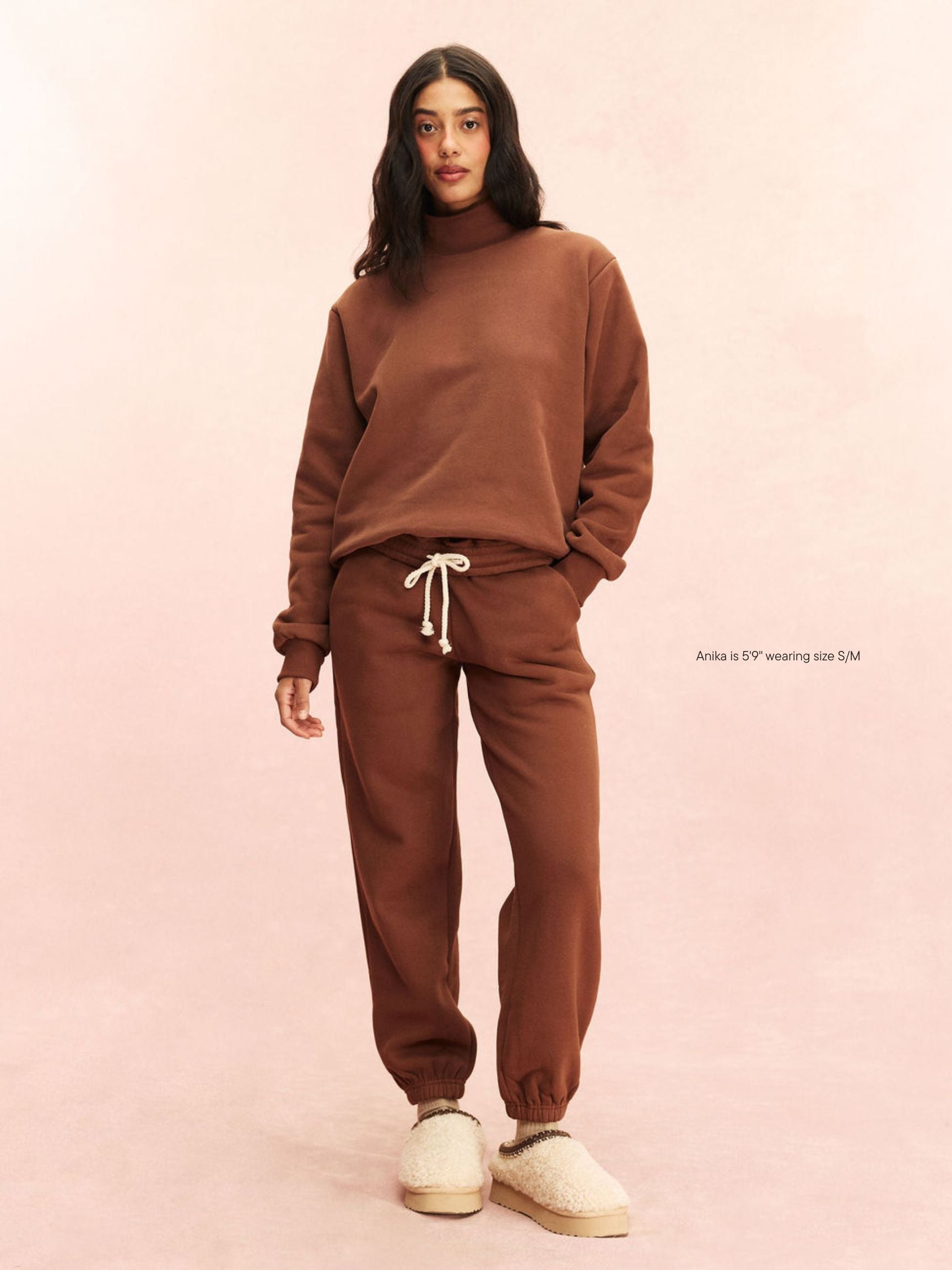 girl wearing Tonal Drawstring Unisex Sweatpants -mocha