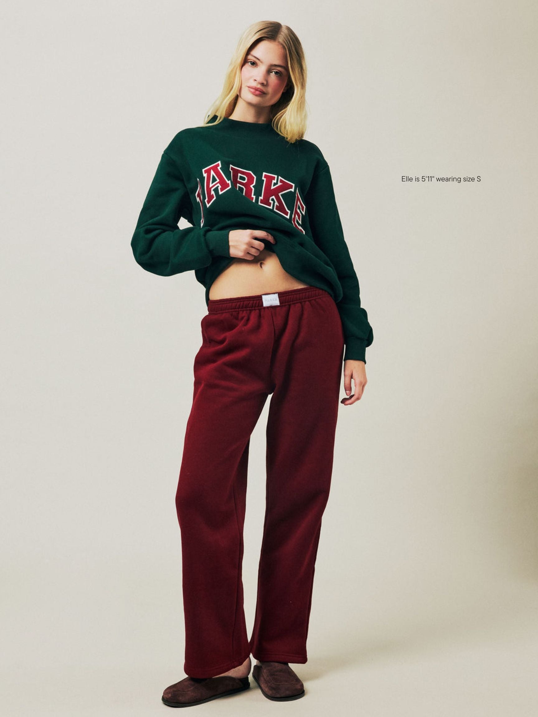 girl wearing Holiday Boxer Sweatpants -maroon