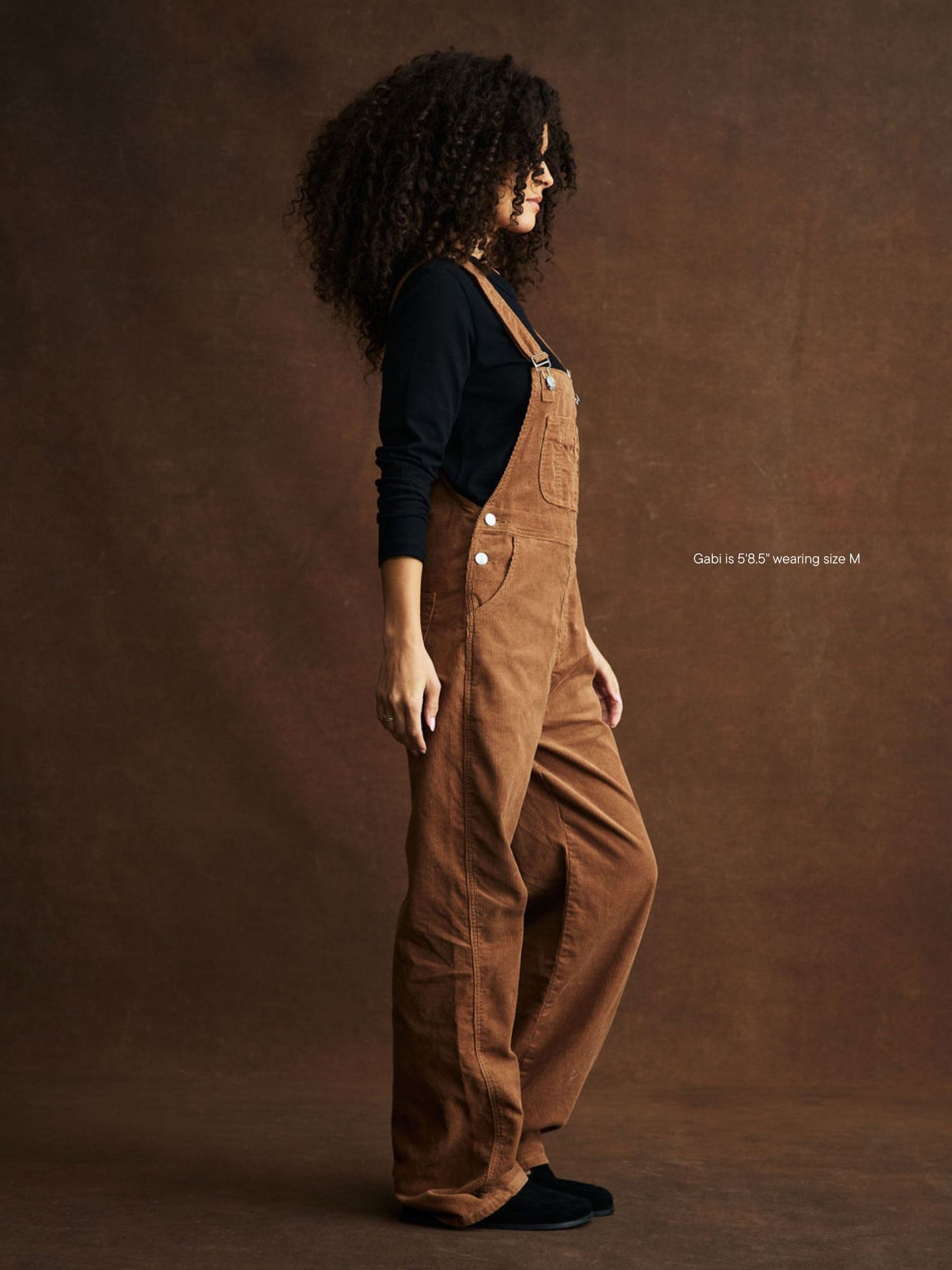 girl wearing Corduroy Overalls -caramel