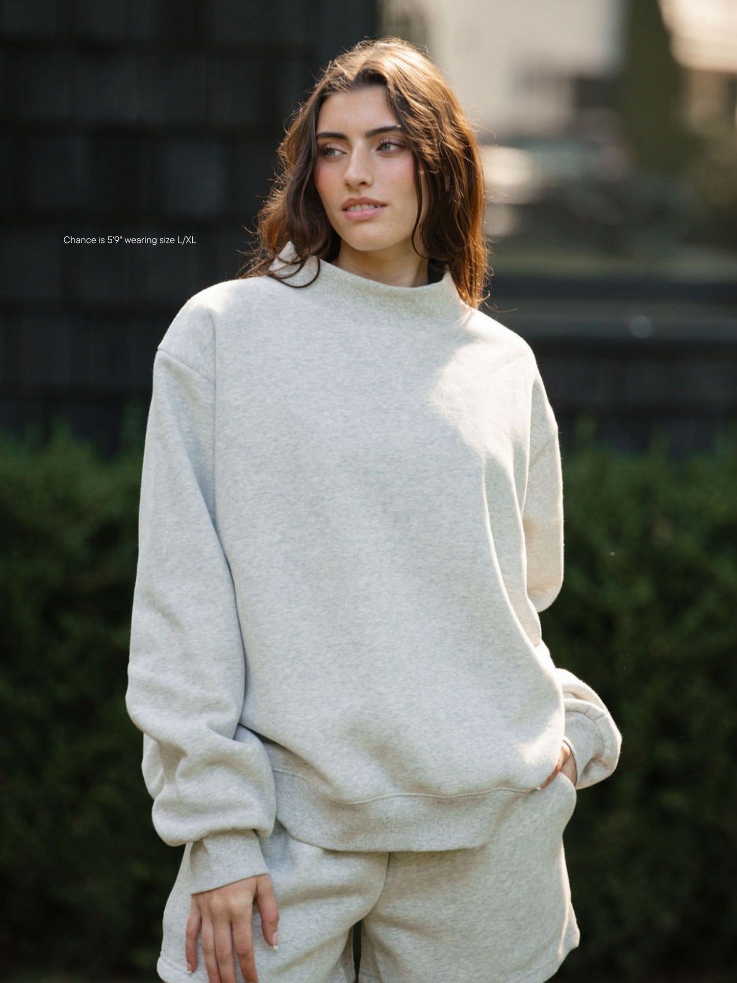 girl wearing classic grey classic mockneck -classic grey