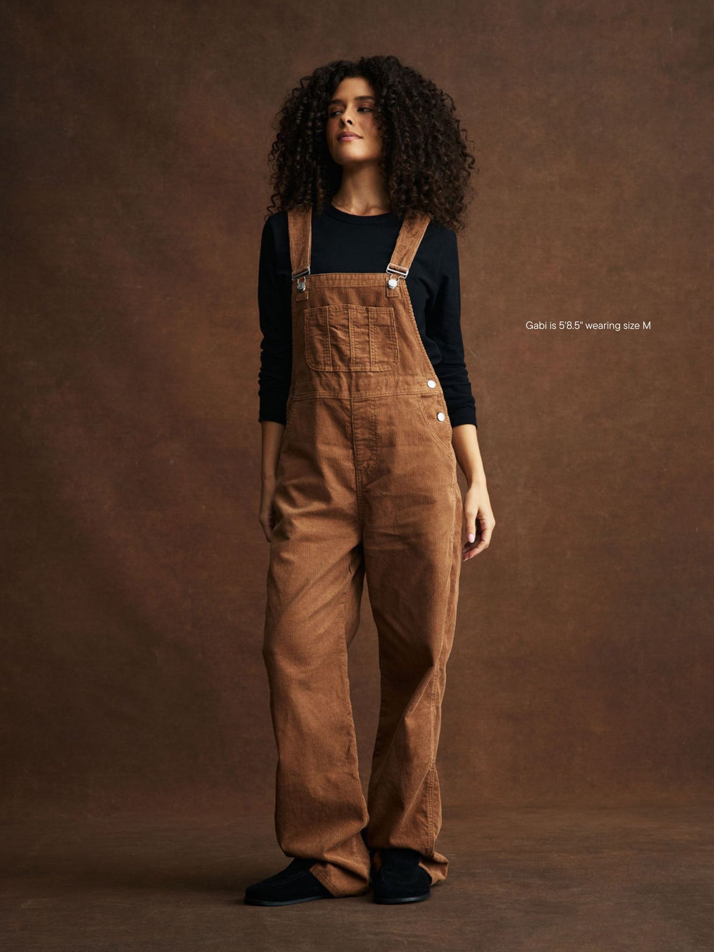 girl wearing Corduroy Overalls -caramel