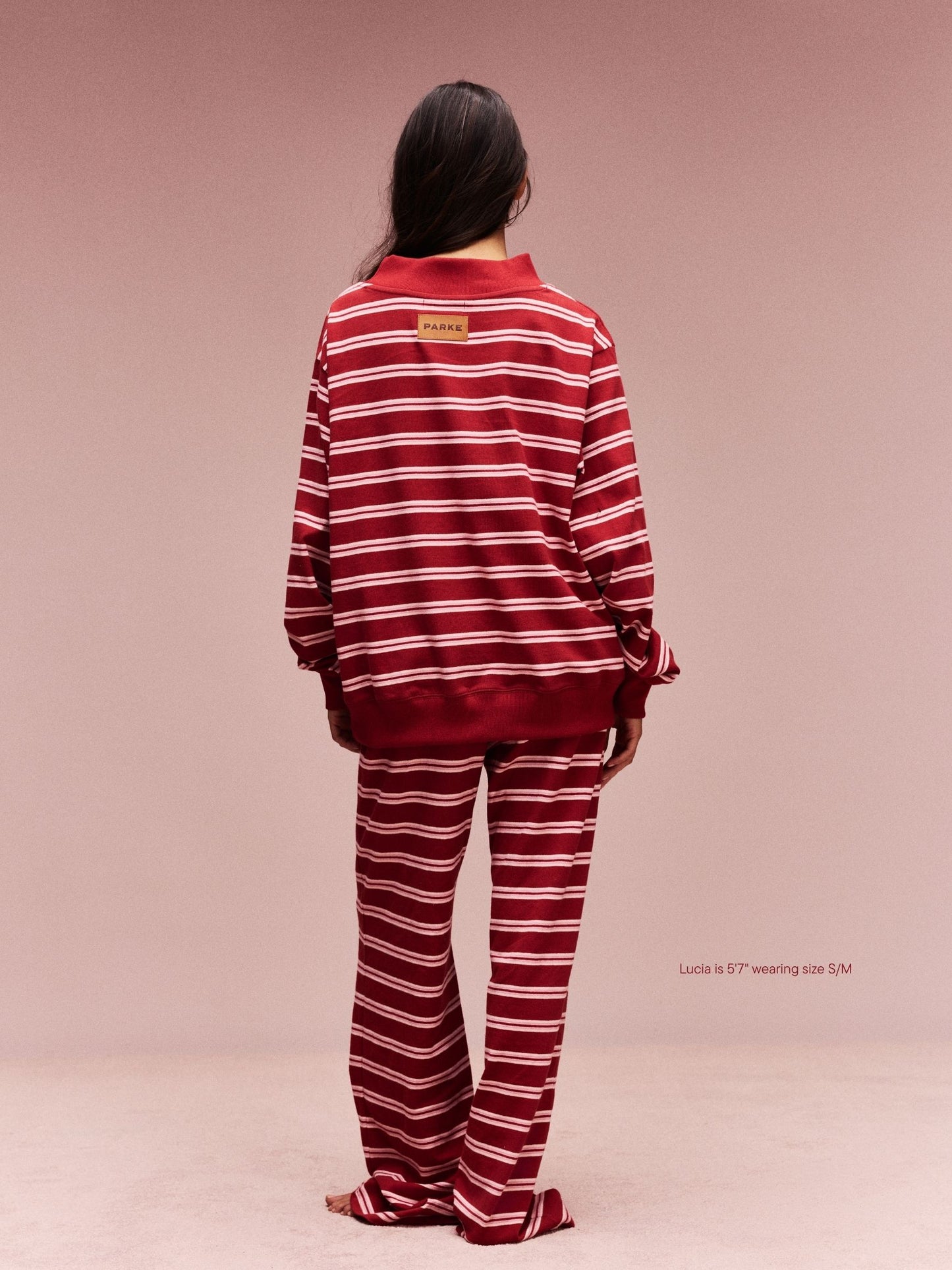 girl wearing Striped Mockneck Pullover -amour stripe