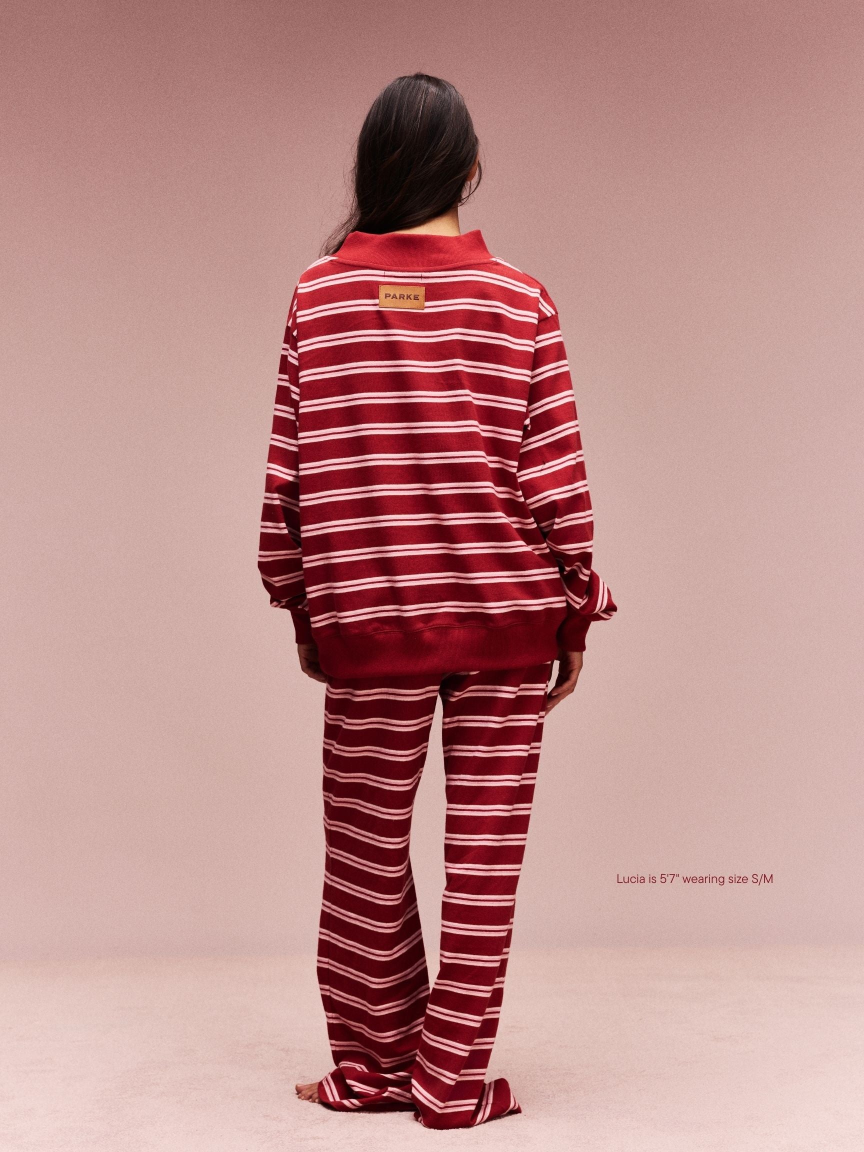 girl wearing Striped Mockneck Pullover -amour stripe