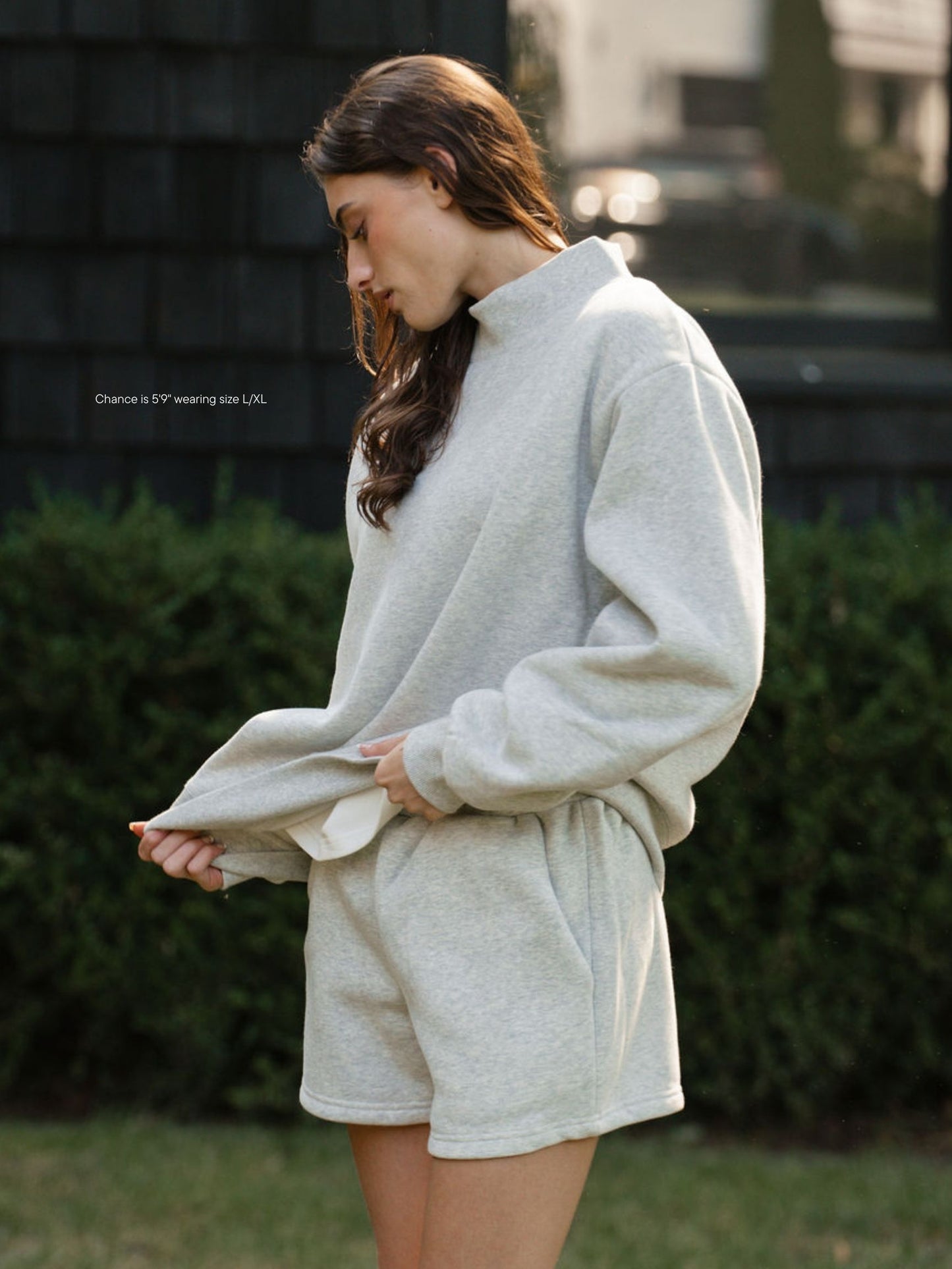 girl wearing classic grey classic mockneck -classic grey