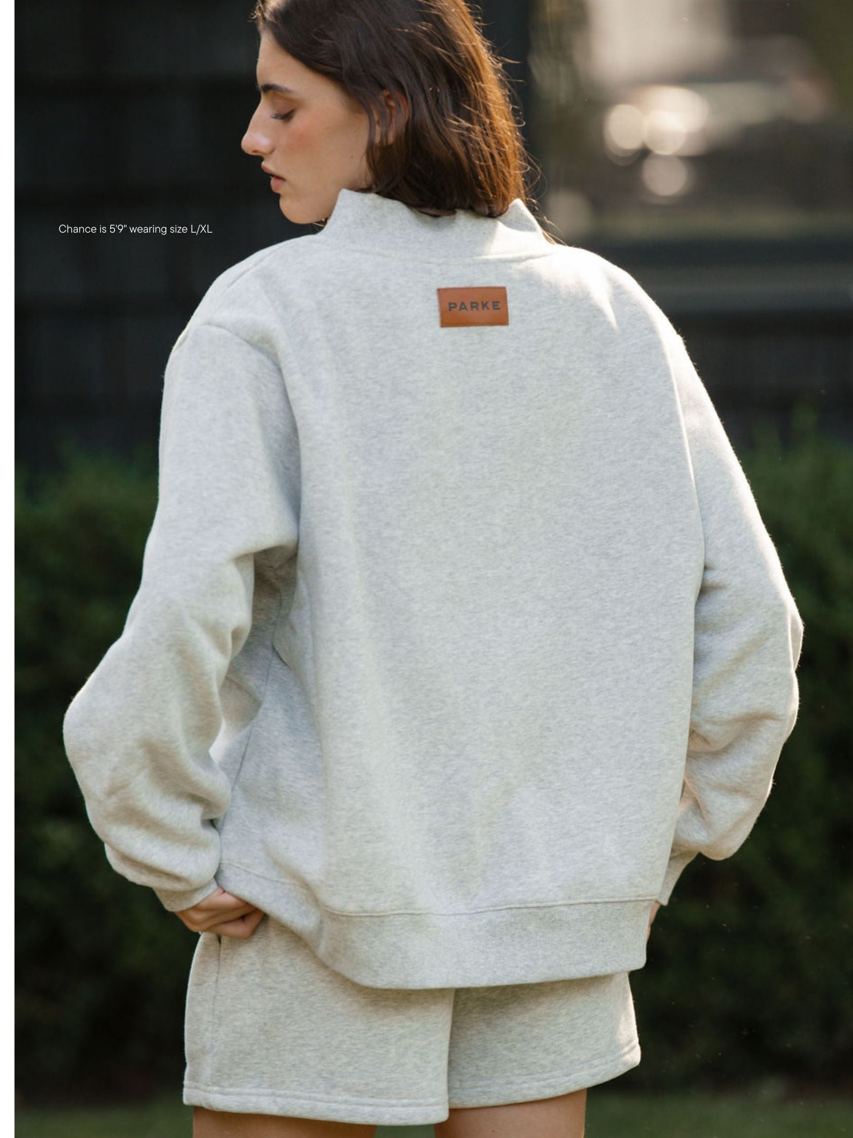 girl wearing classic grey classic mockneck -classic grey