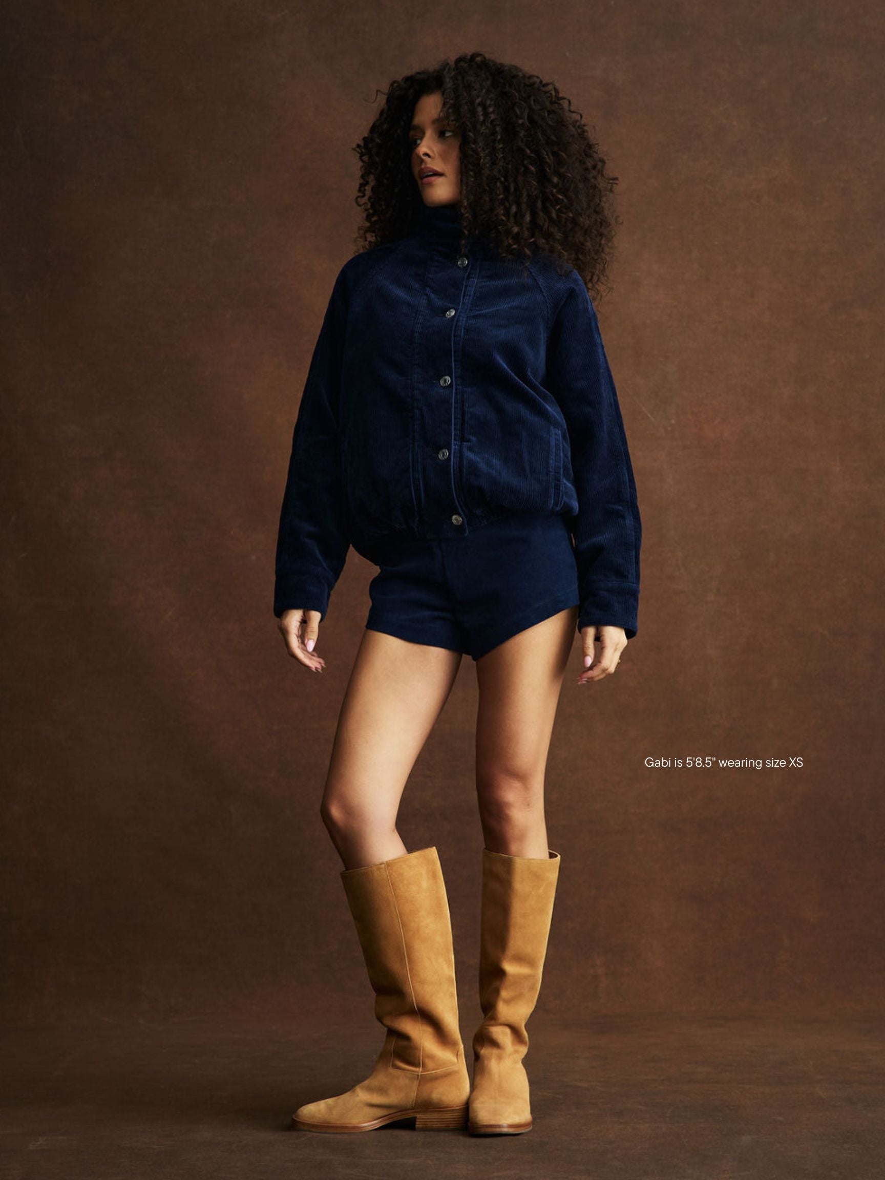 girl wearing Corduroy Mini Shorts -navy corduroy