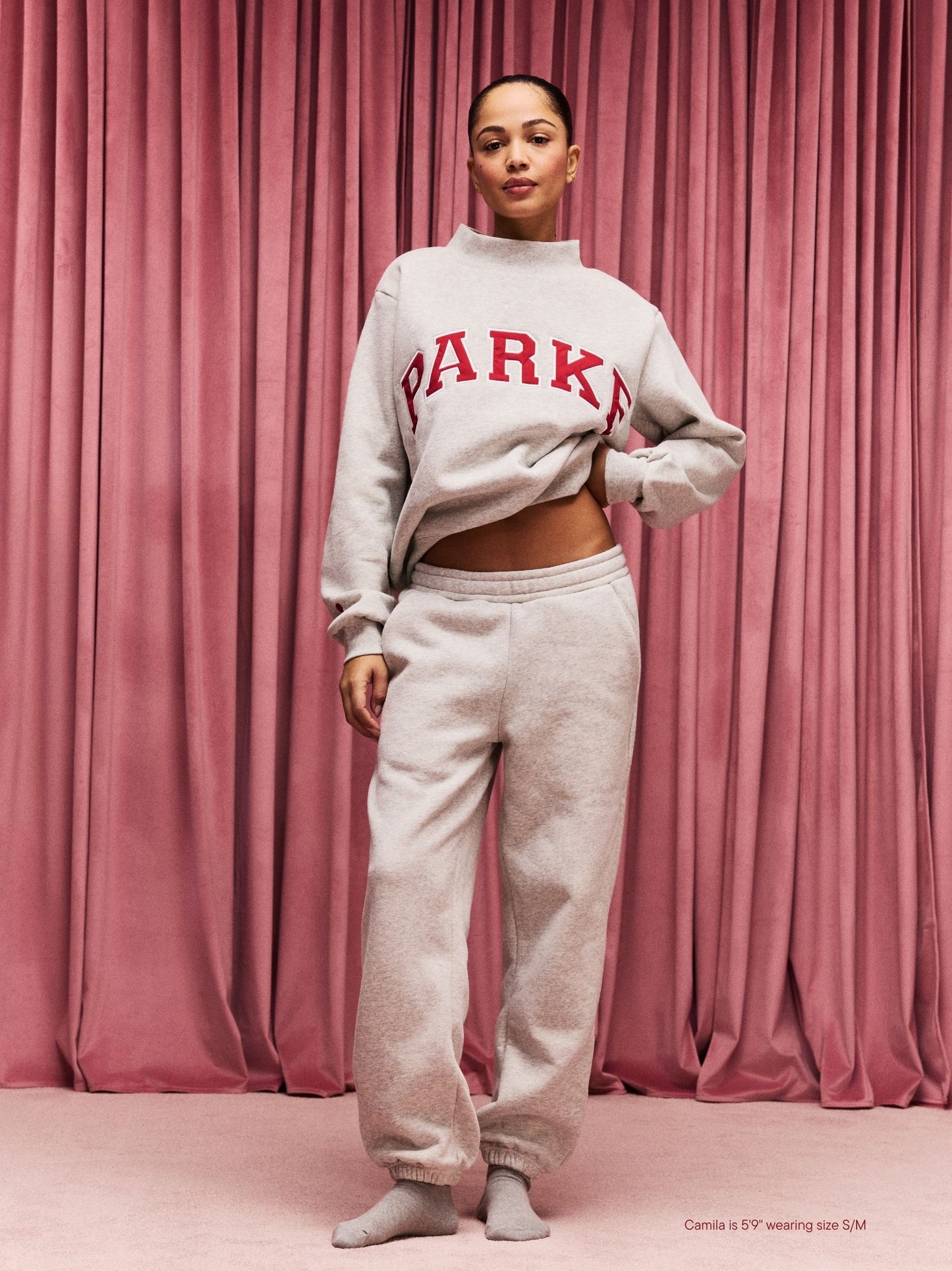 girl wearing Drawstring Unisex Sweats flat lay -classic grey