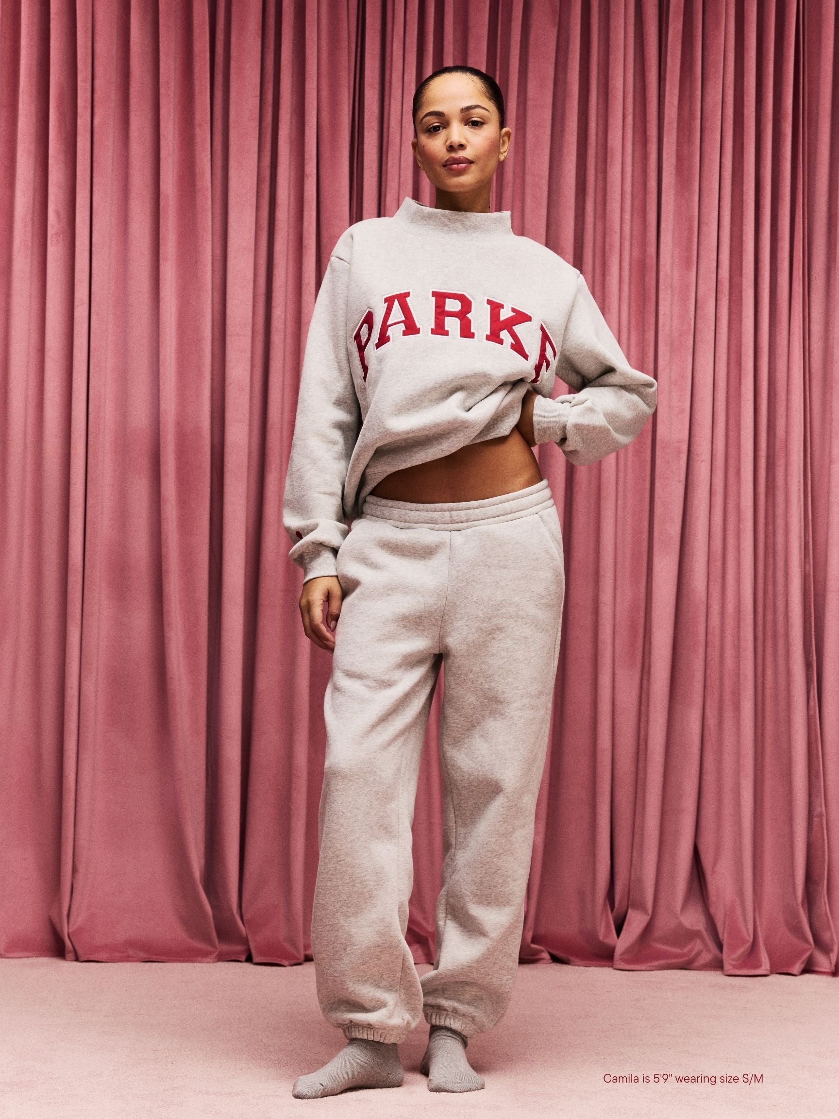 girl wearing Drawstring Unisex Sweats flat lay -classic grey