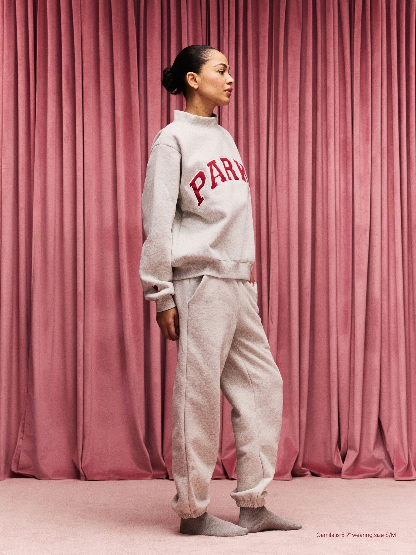 girl wearing Drawstring Unisex Sweats flat lay -classic grey