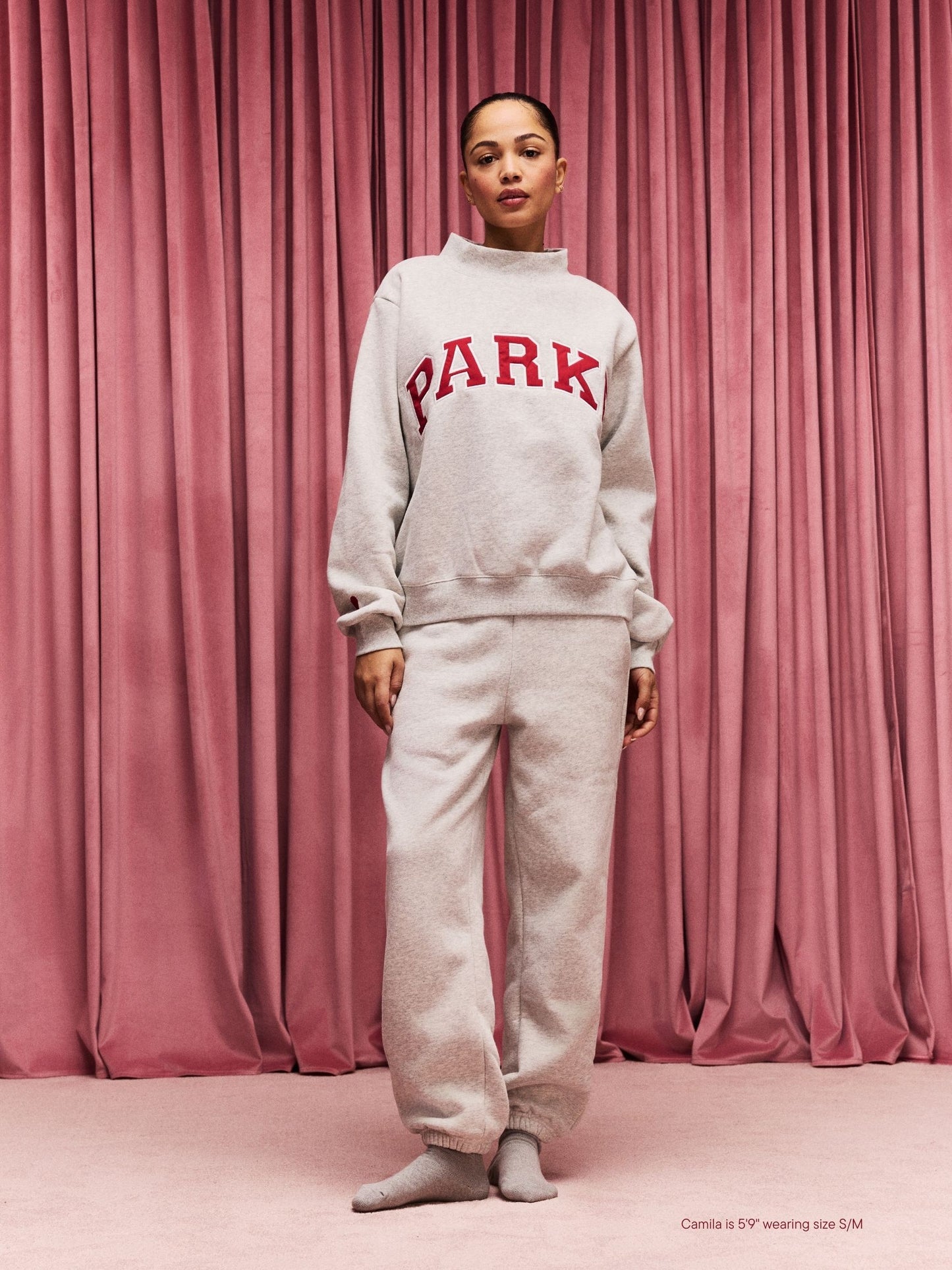 girl wearing Valentine's Varsity Mockneck -classic grey + crimson