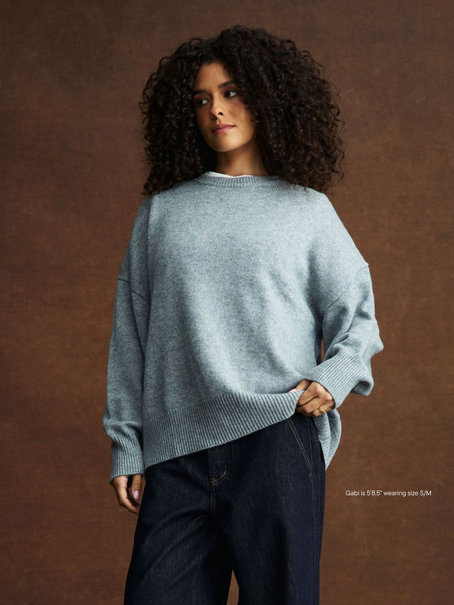 girl wearing Crewneck Sweater -grey