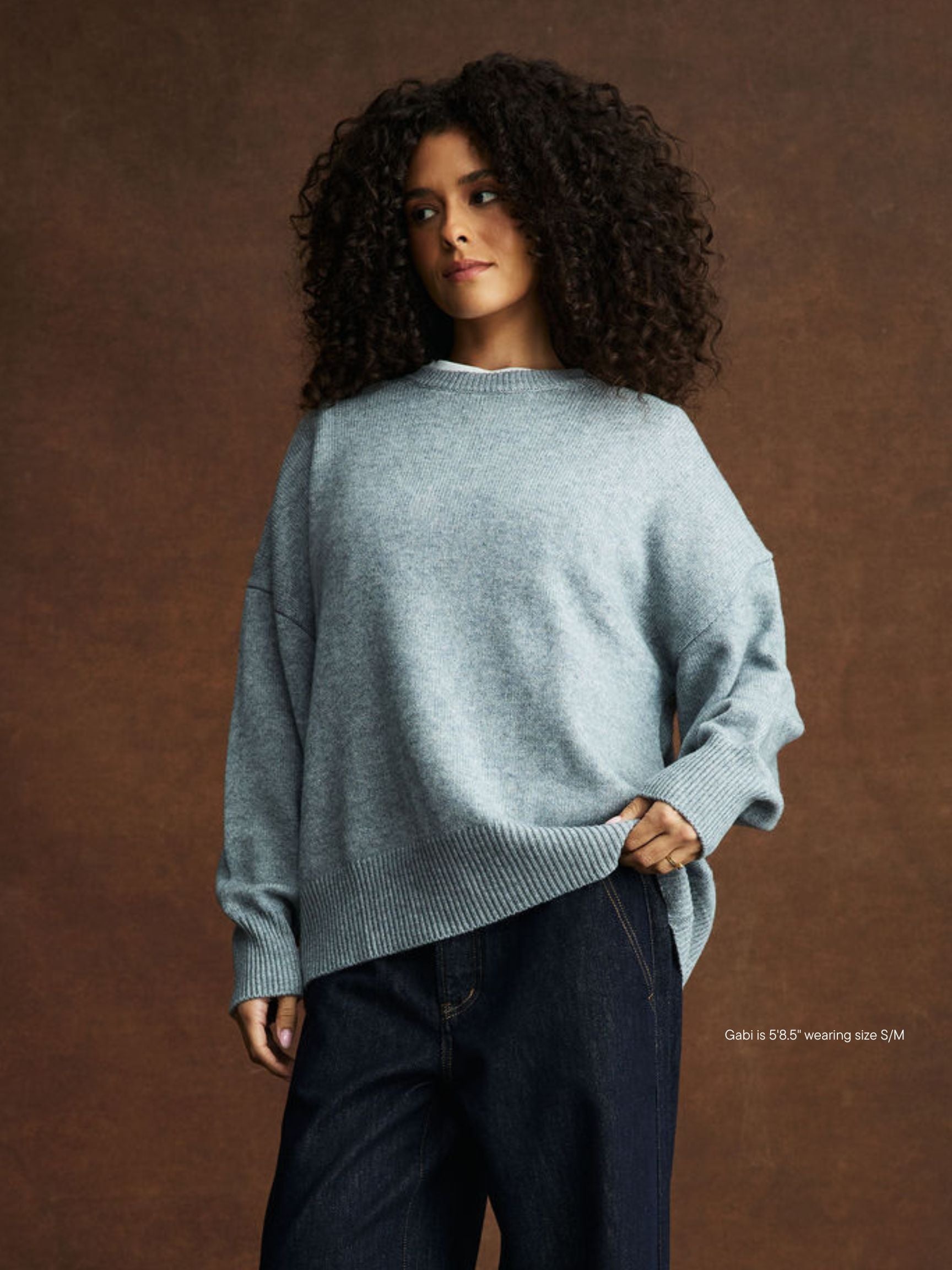 girl wearing Crewneck Sweater -grey