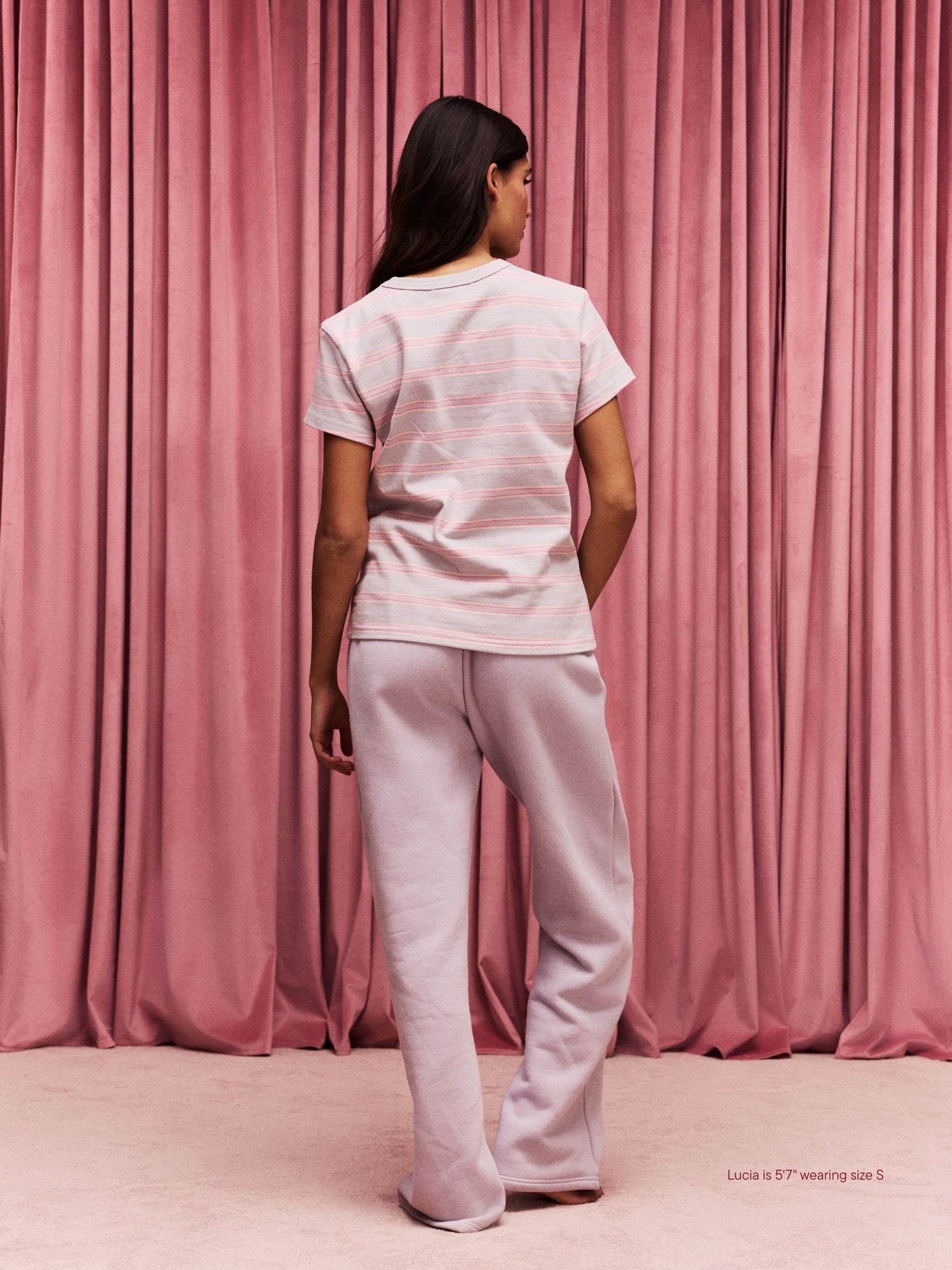 girl wearing Boxer Sweatpants -lavender