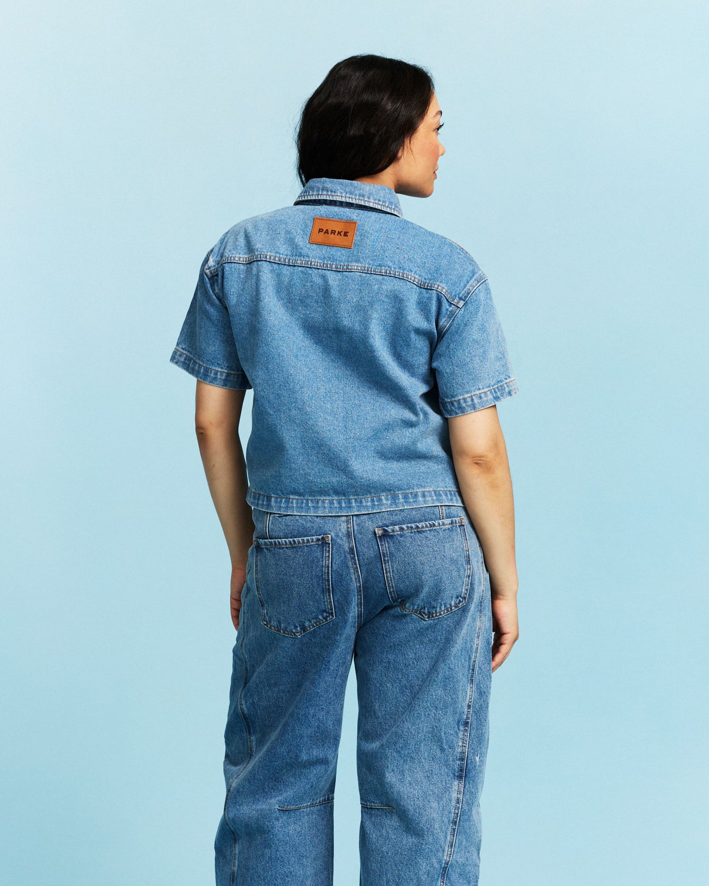 Cropped Short Sleeve Denim Shirt - Vintage Wash