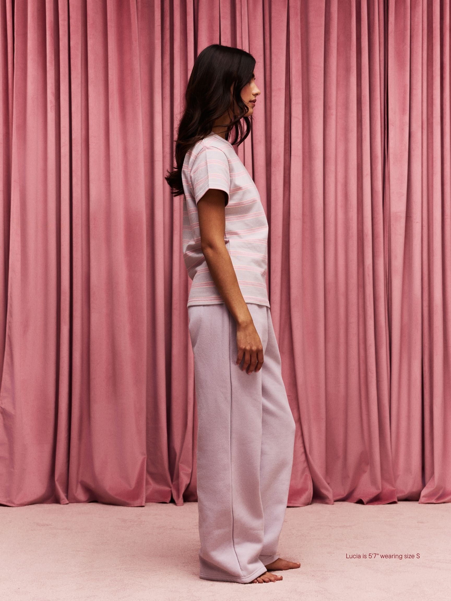 girl wearing Boxer Sweatpants -lavender