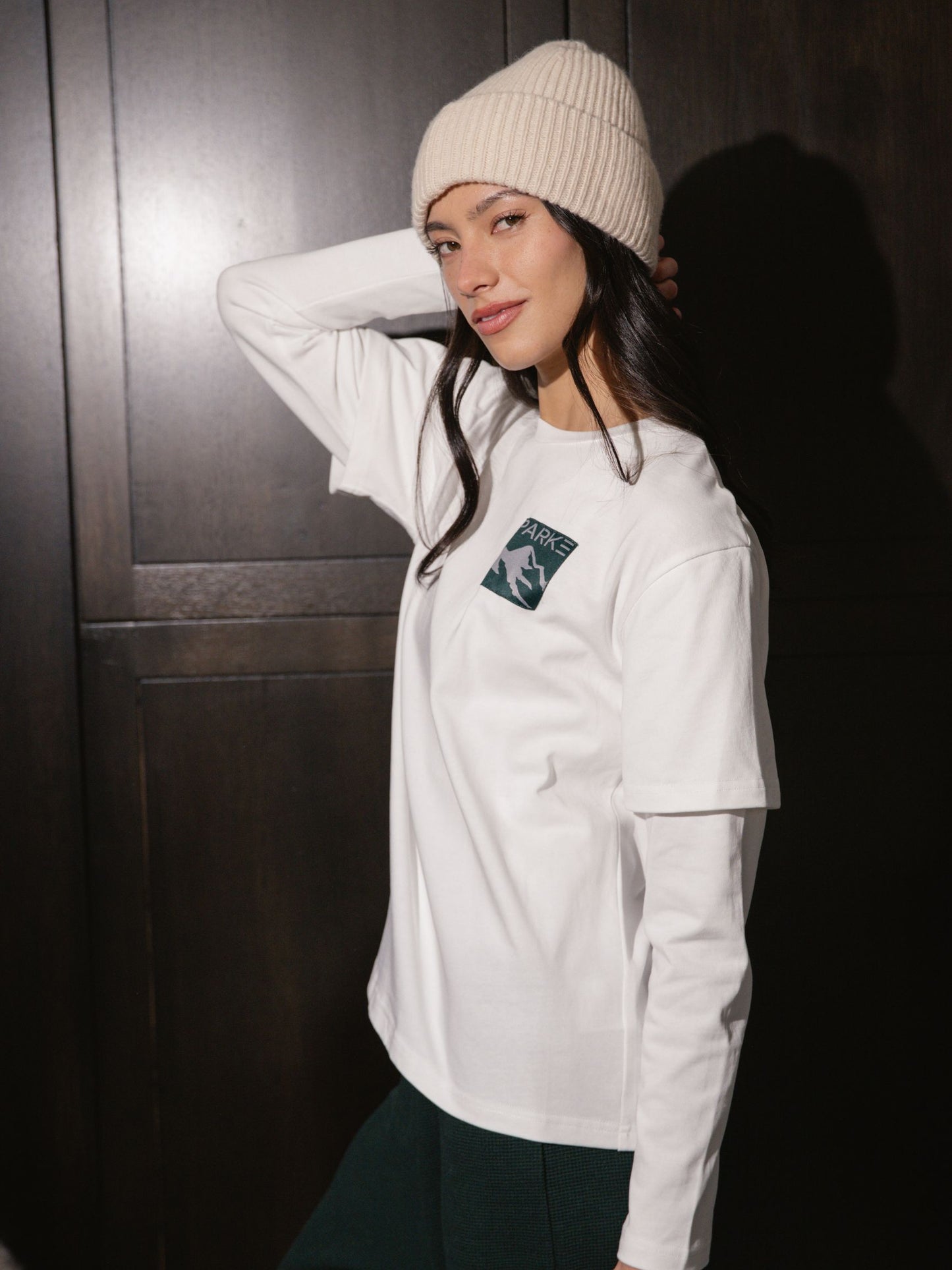 Layered Graphic Long Sleeve Shirt - White + Patch