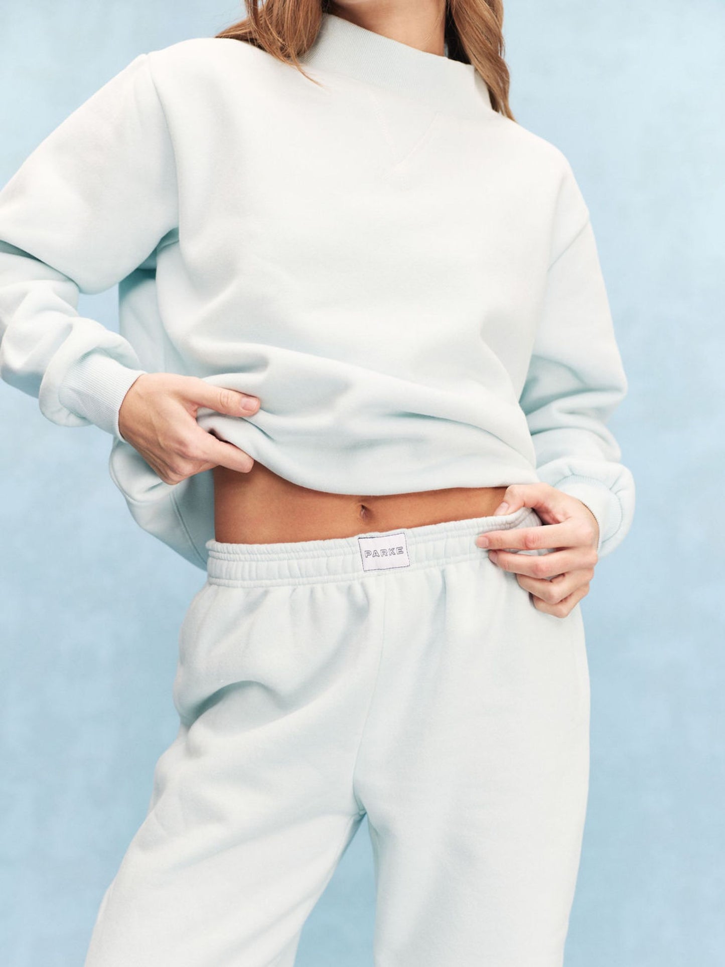 girl wearing Tonal Boxer Sweatpants -arctic