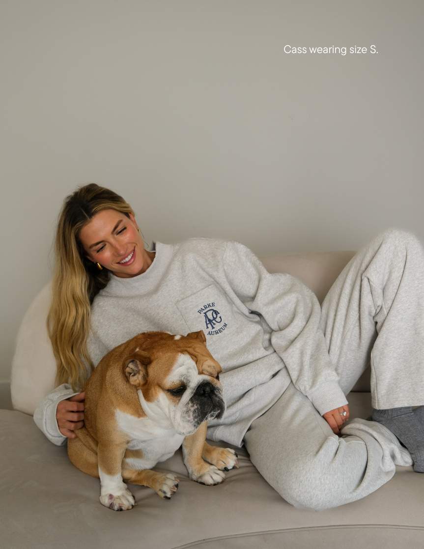 girl wearing boxer sweatpants -classic grey