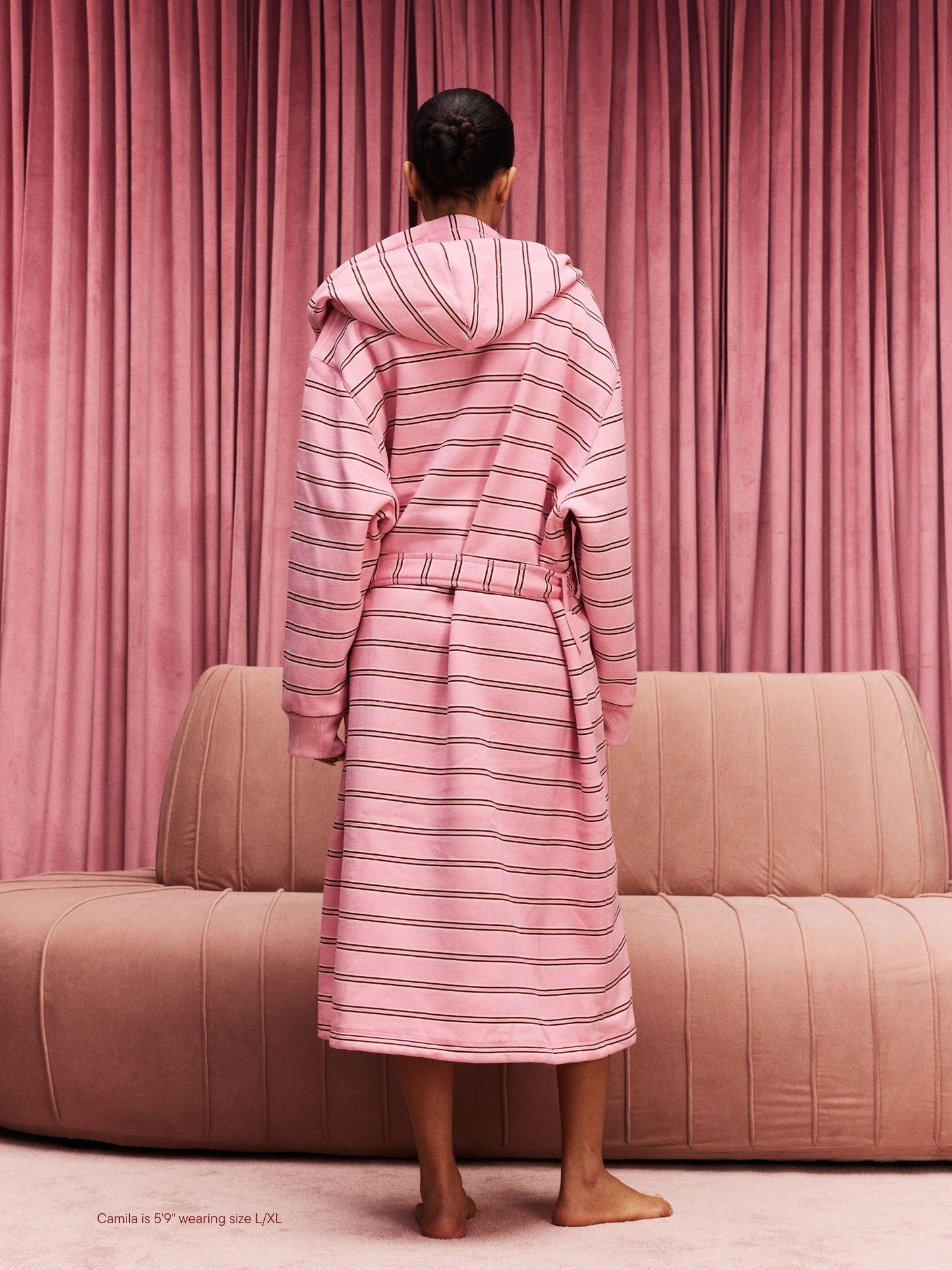 girl wearing Valentine's Day Robe -sweetheart stripe