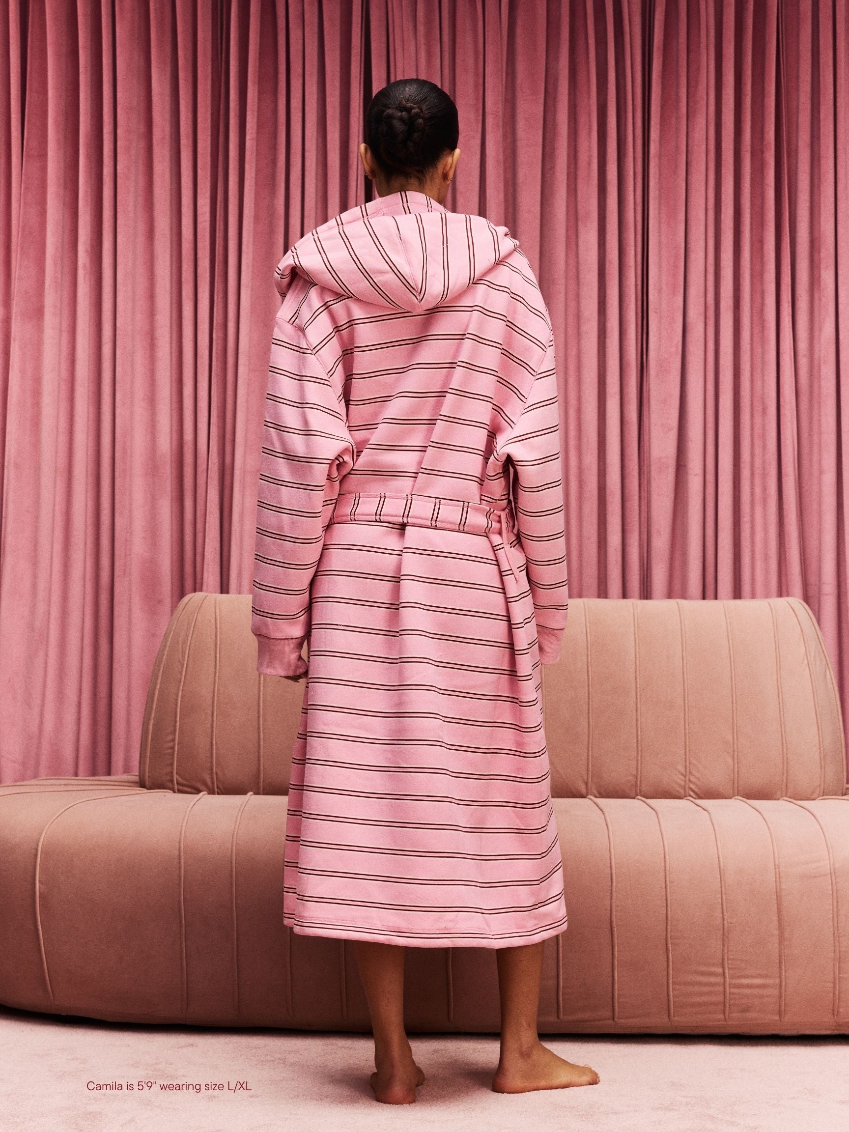 girl wearing Valentine's Day Robe -sweetheart stripe