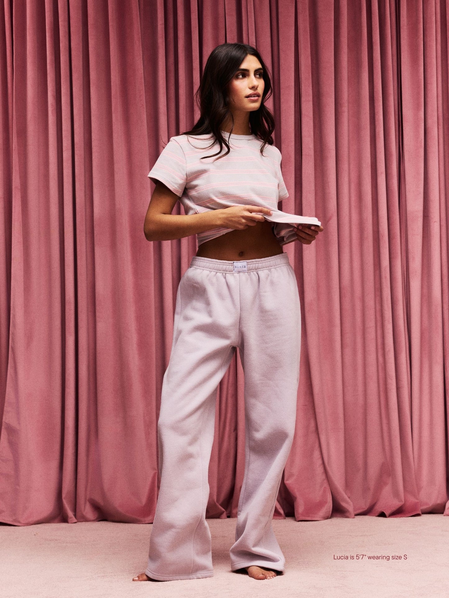 girl wearing Boxer Sweatpants -lavender