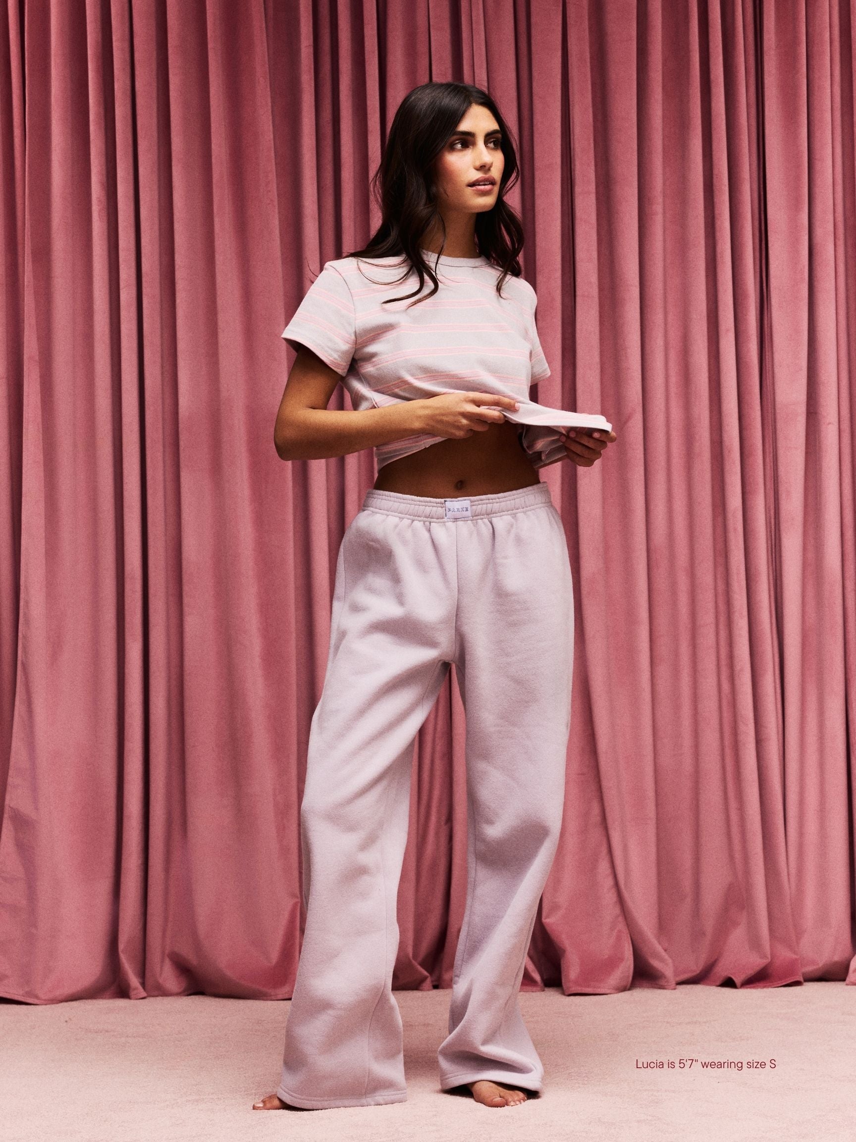 girl wearing Boxer Sweatpants -lavender