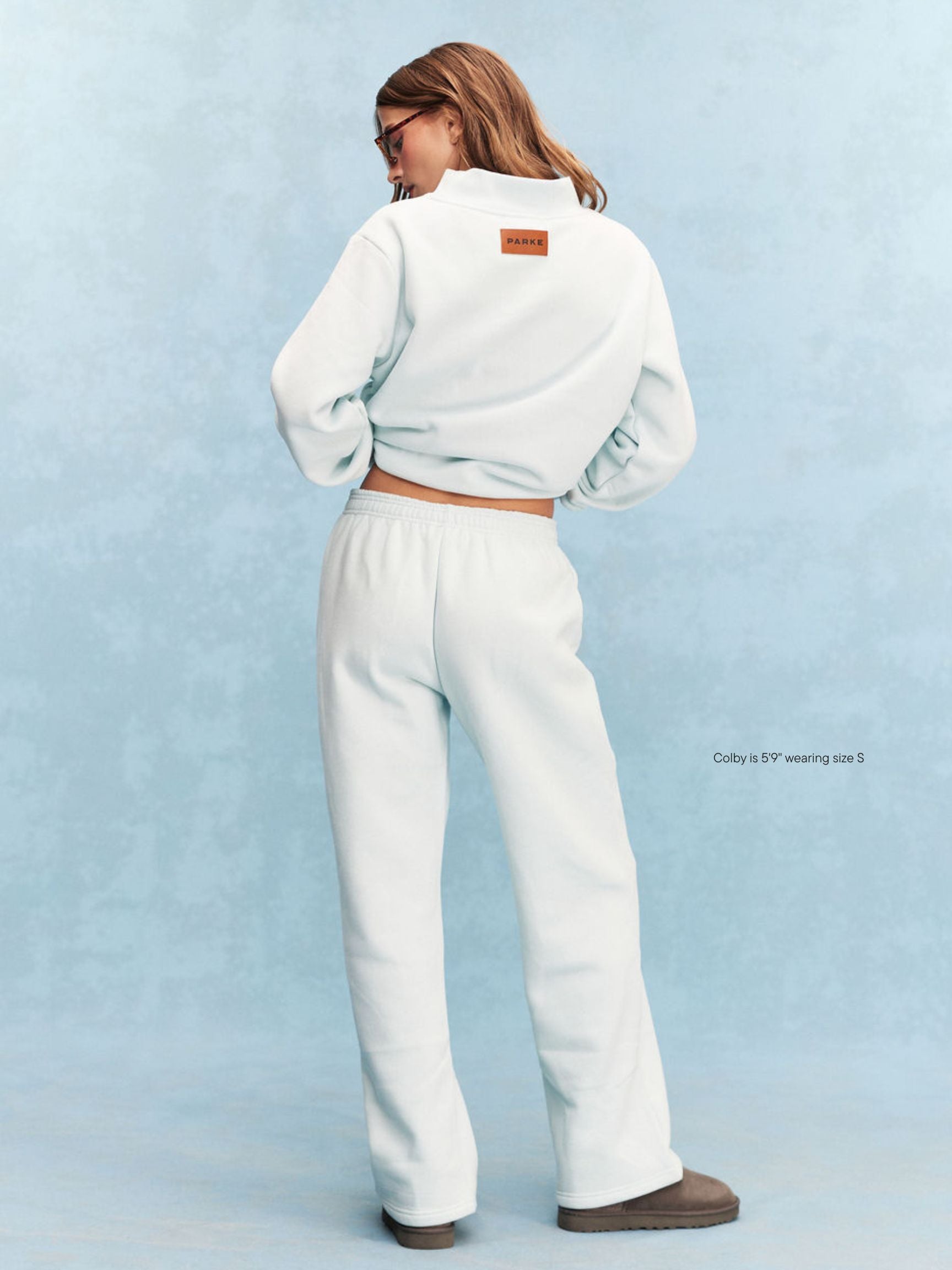 girl wearing Tonal Boxer Sweatpants -arctic