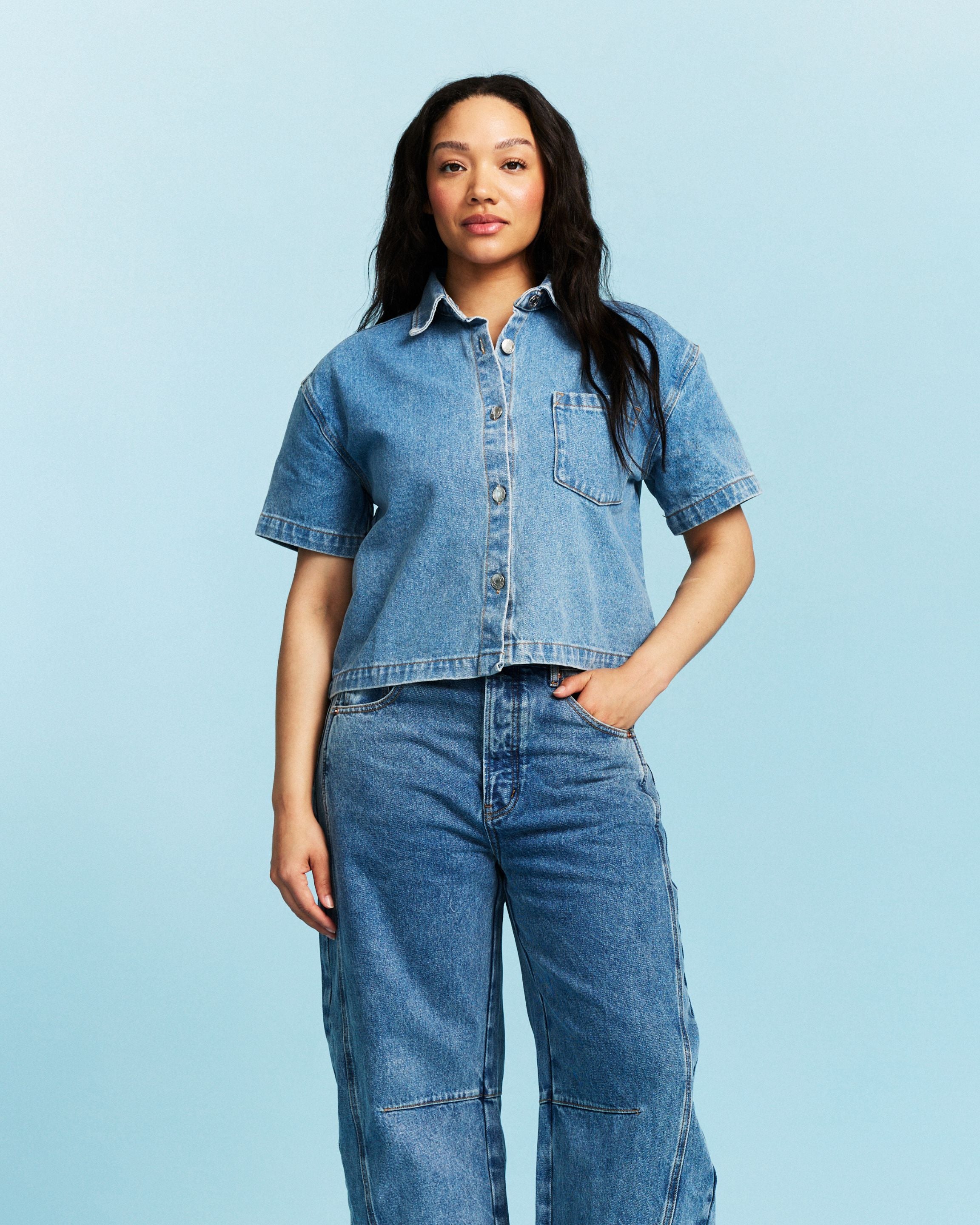 Cropped Short Sleeve Denim Shirt - Vintage Wash – PARKE