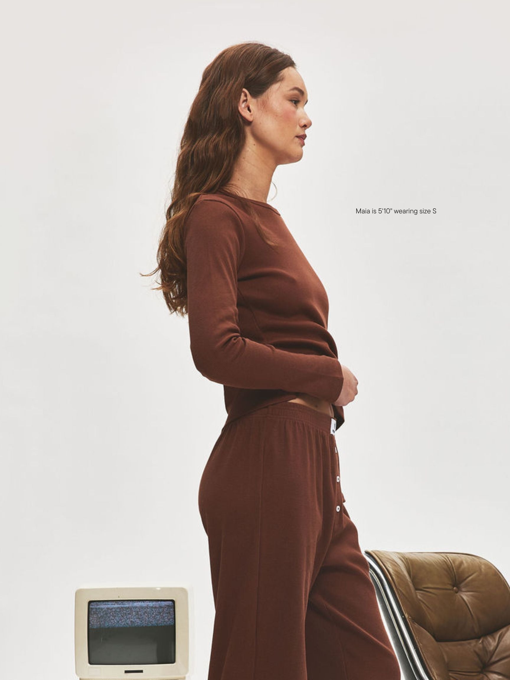 girl wearing Ribbed Long Sleeve T-Shirt -mocha