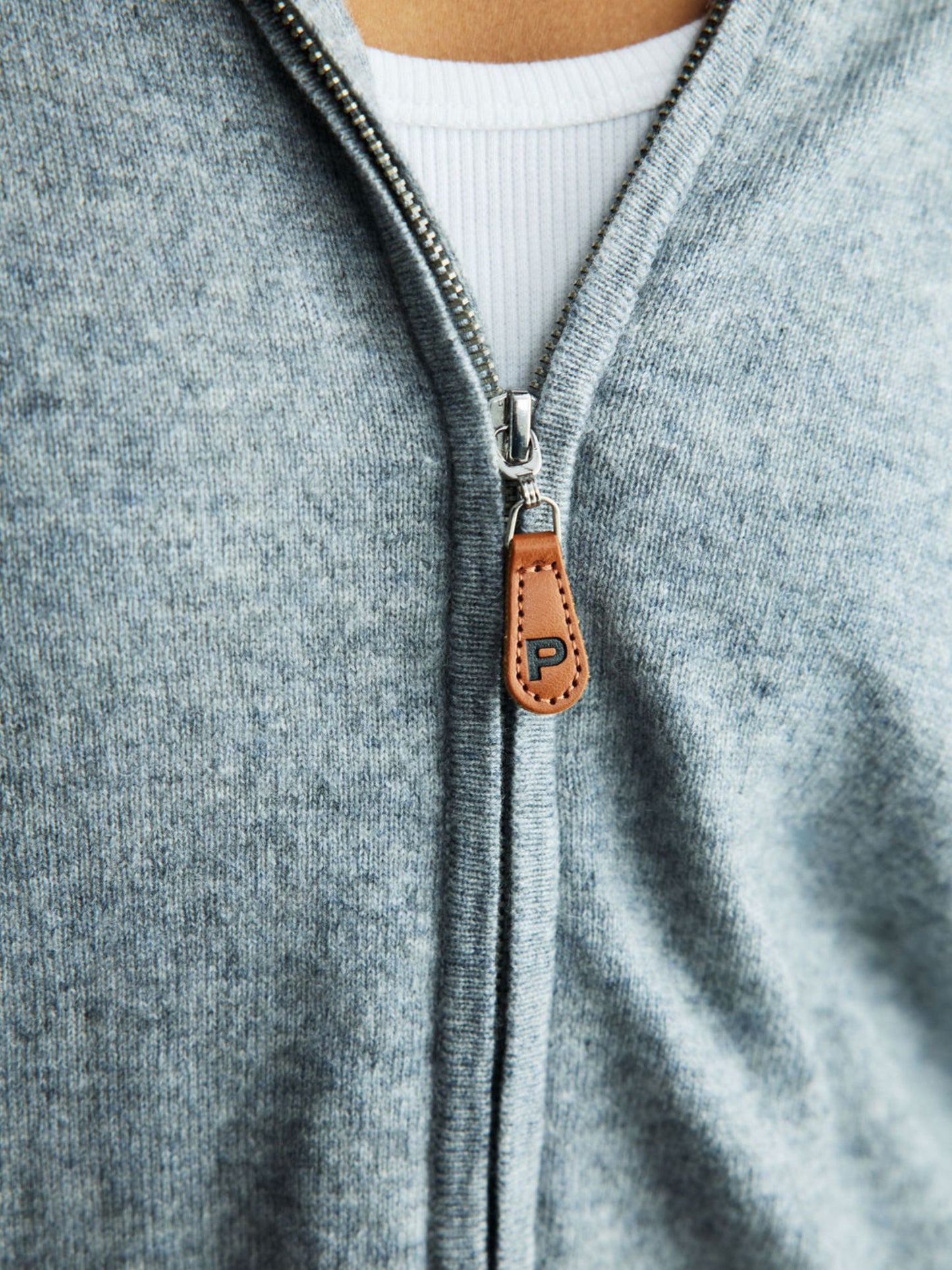 girl wearing Zip Up Sweater -grey