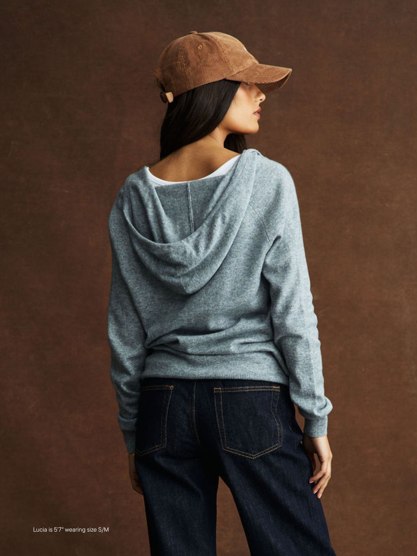 girl wearing Zip Up Sweater -grey