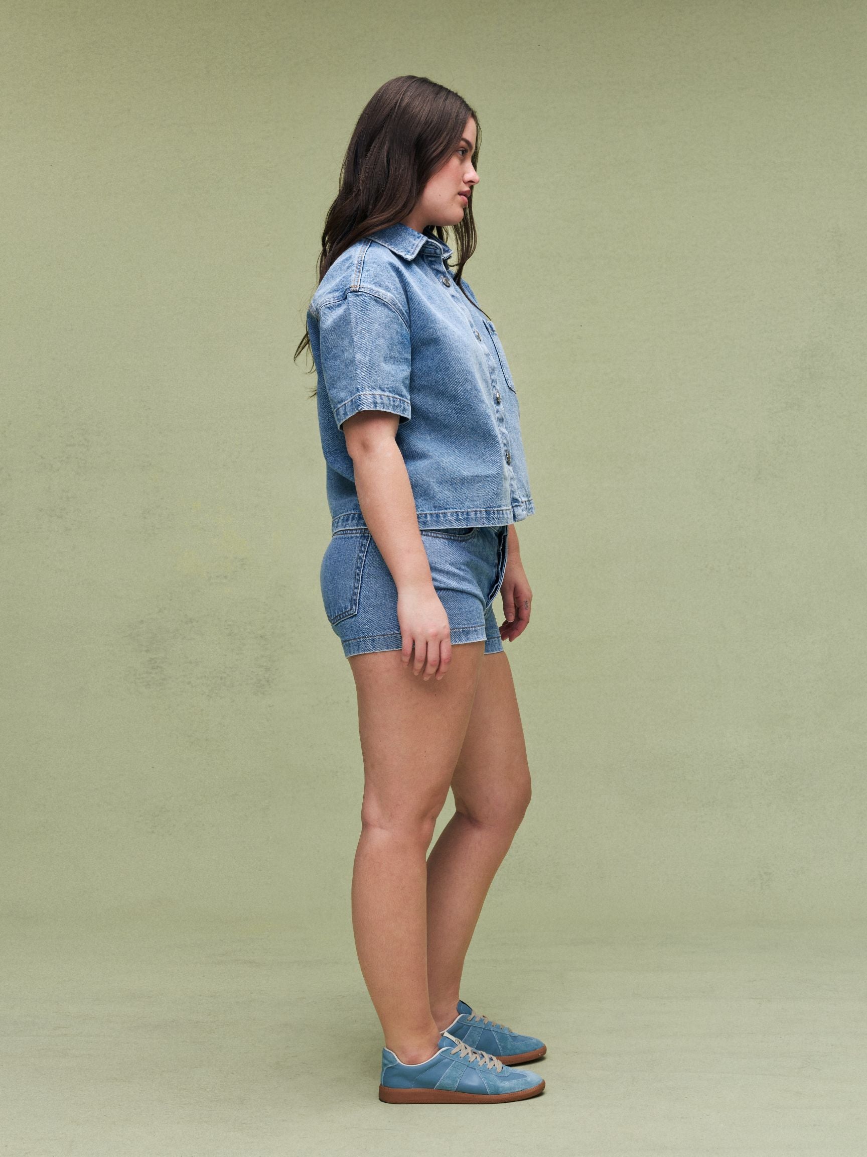 Cropped Short Sleeve Denim Shirt - Vintage Wash