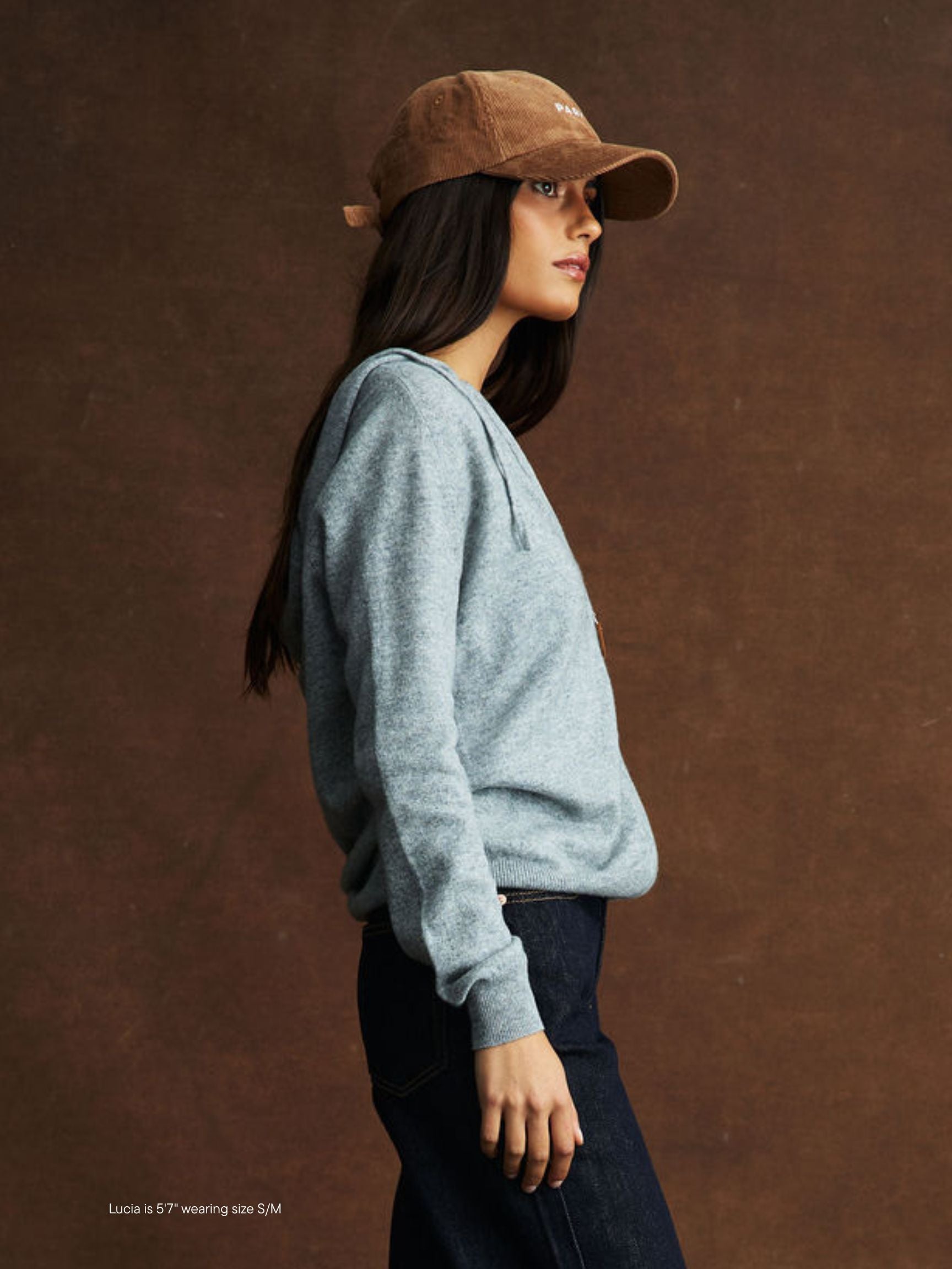 girl wearing Zip Up Sweater -grey