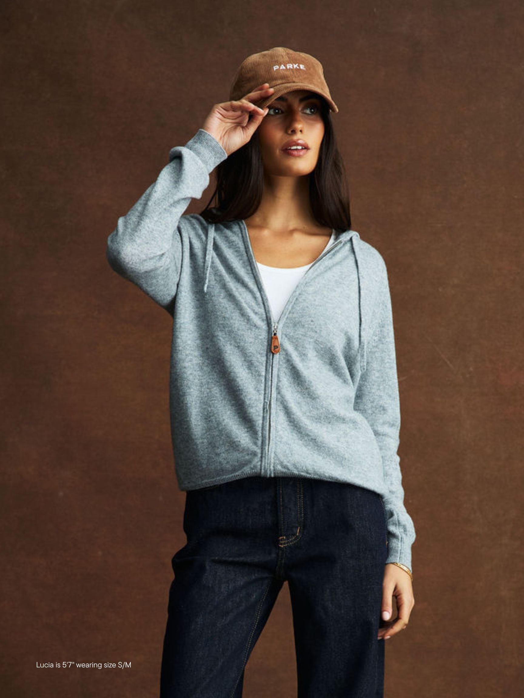 girl wearing Zip Up Sweater -grey